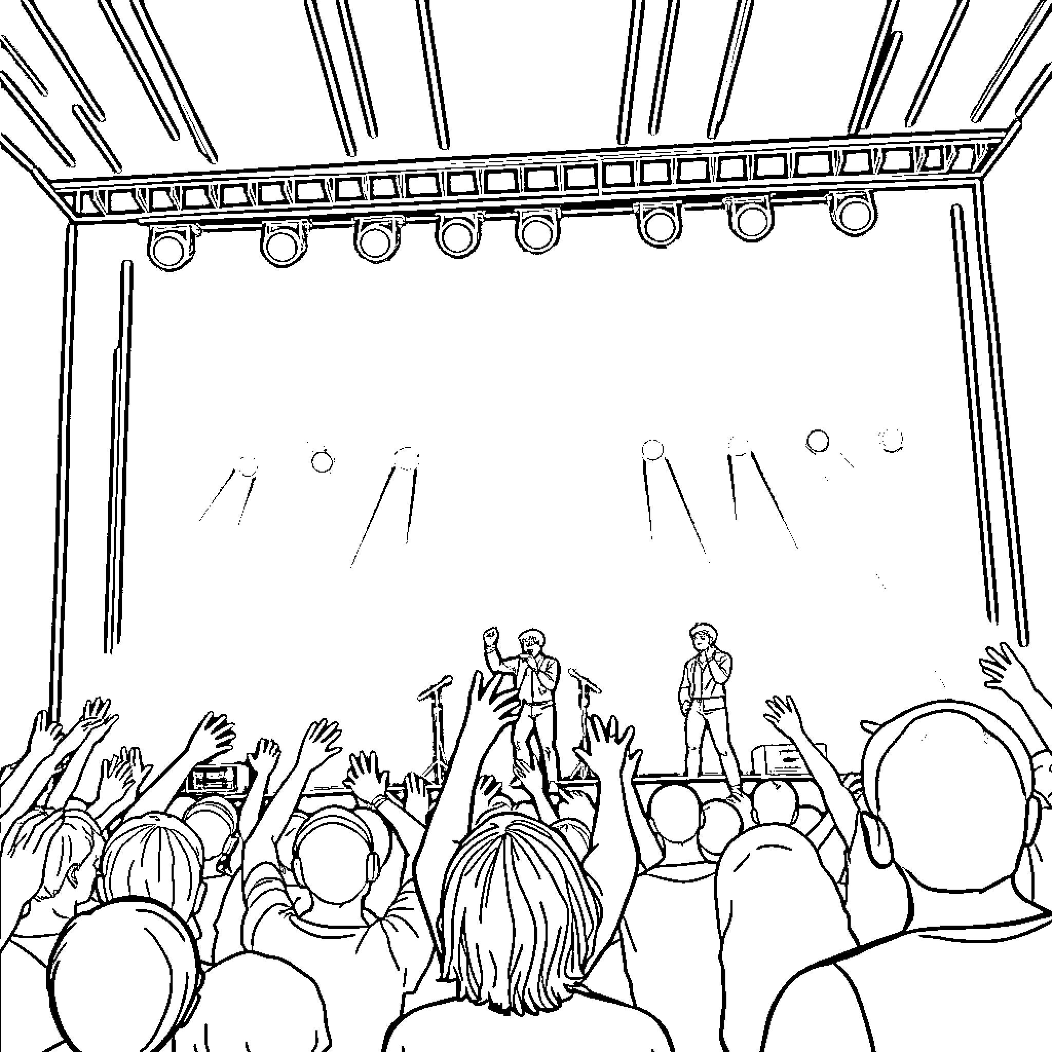 BTS performing on stage before an energetic crowd Coloring Page (free black-and-white line drawing printable PDF for all, from beginners to advanced learners, including children, teens, adults, and seniors)