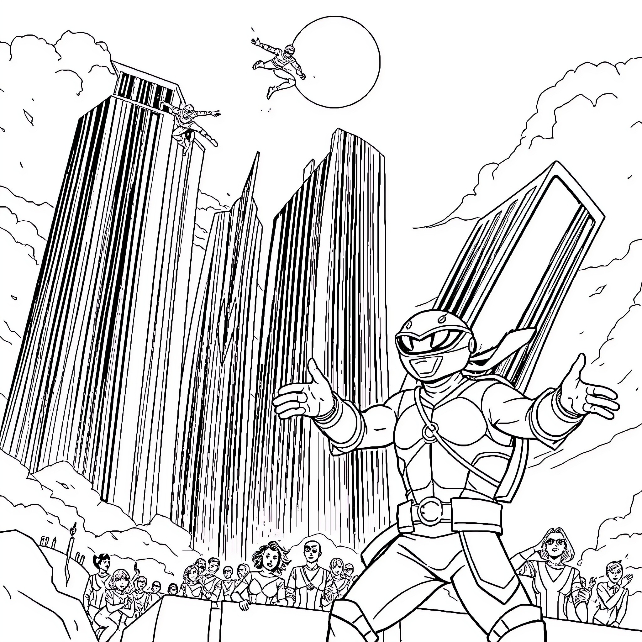 Power Ranger in heroic pose with cityscape backdrop Coloring Page (free black-and-white line drawing printable PDF for all, from beginners to advanced learners, including children, teens, adults, and seniors)