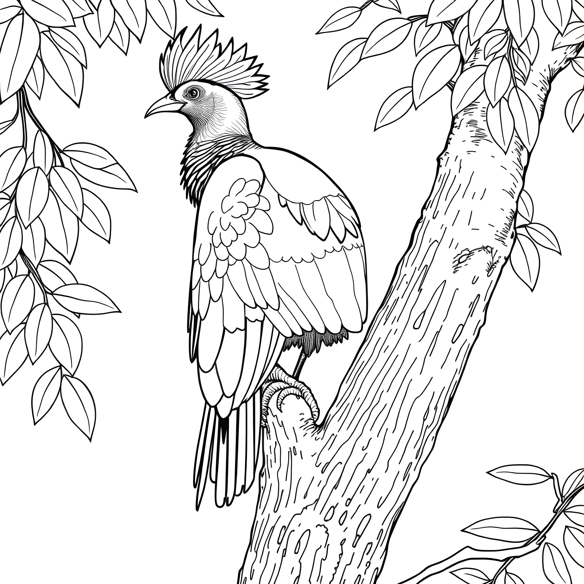 Guinea Turaco perched gracefully on a tree branch Coloring Page (free black-and-white line drawing printable PDF for all, from beginners to advanced learners, including children, teens, adults, and seniors)