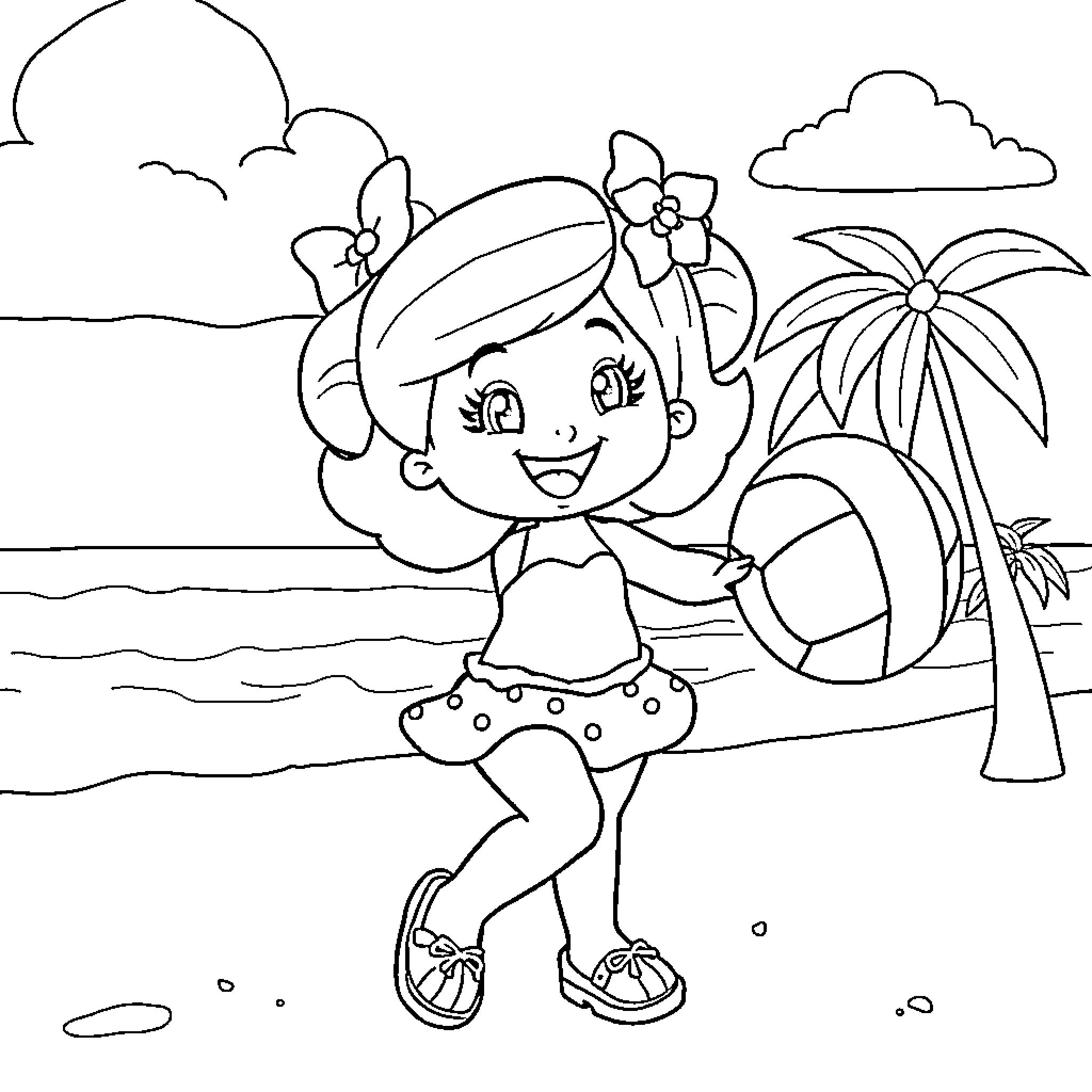 Strawberry girl enjoying the beach day Coloring Page (free black-and-white line drawing printable PDF for all, from beginners to advanced learners, including children, teens, adults, and seniors)