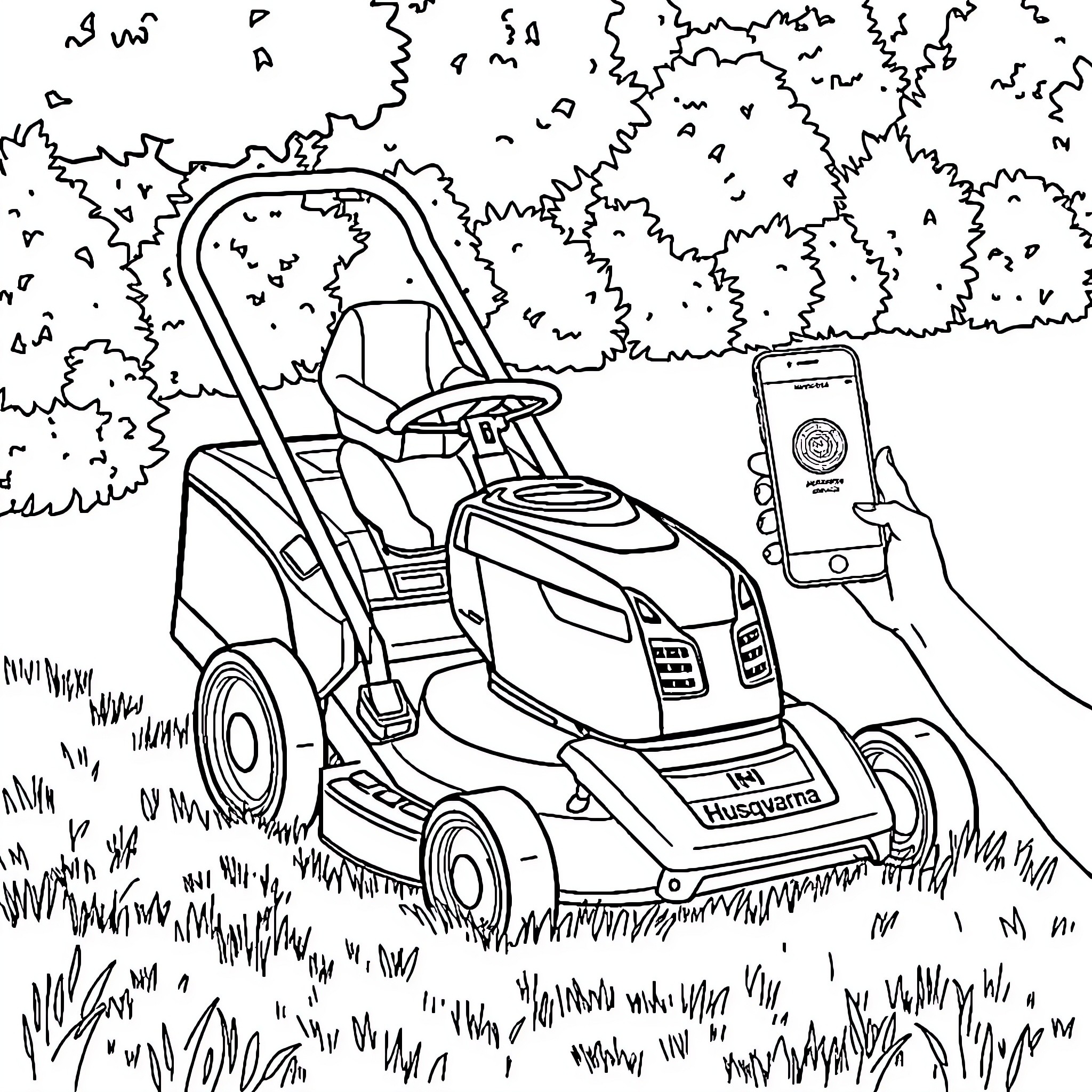 Husqvarna lawn mower in action with smartphone control Coloring Page (free black-and-white line drawing printable PDF for all, from beginners to advanced learners, including children, teens, adults, and seniors)
