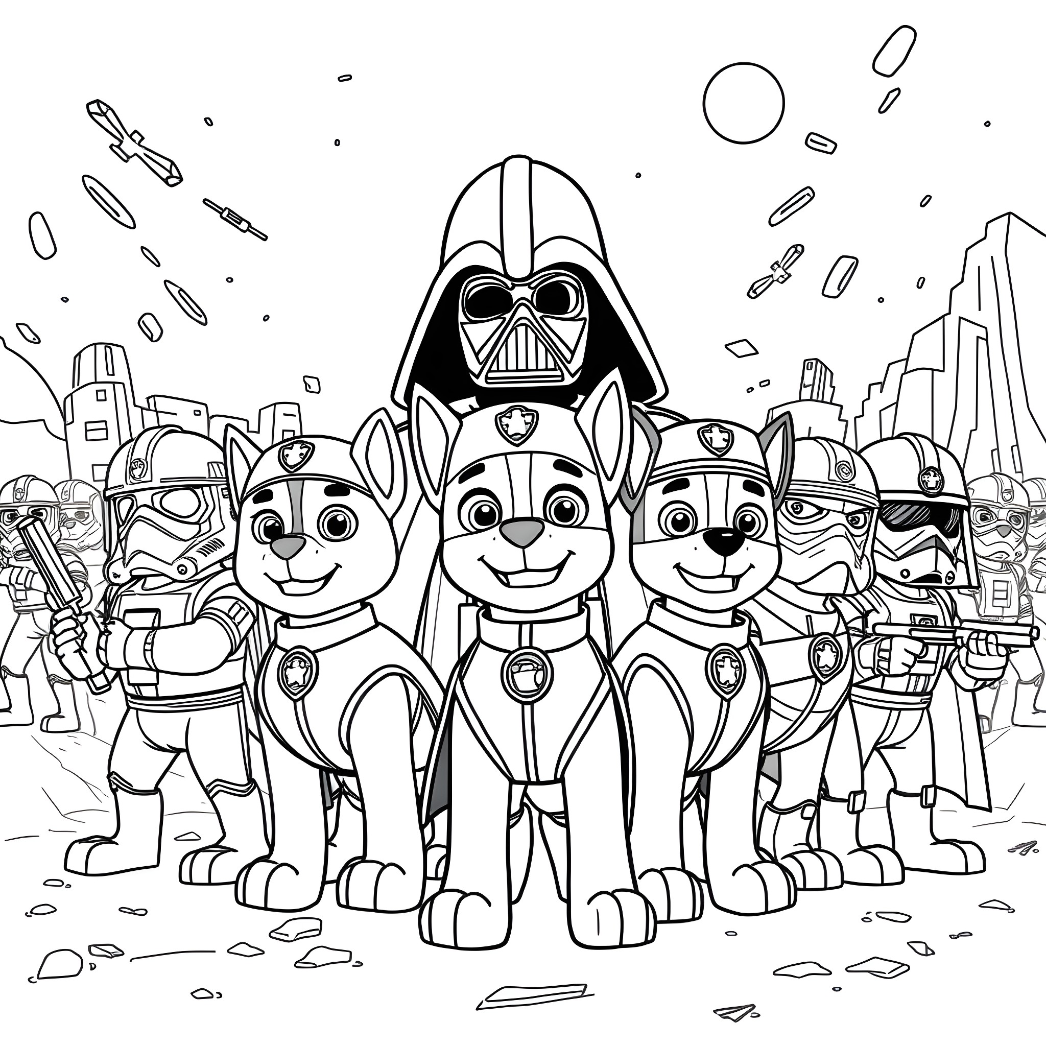 Paw Patrol characters in action adventure Coloring Page (free black-and-white line drawing printable PDF for all, from beginners to advanced learners, including children, teens, adults, and seniors)