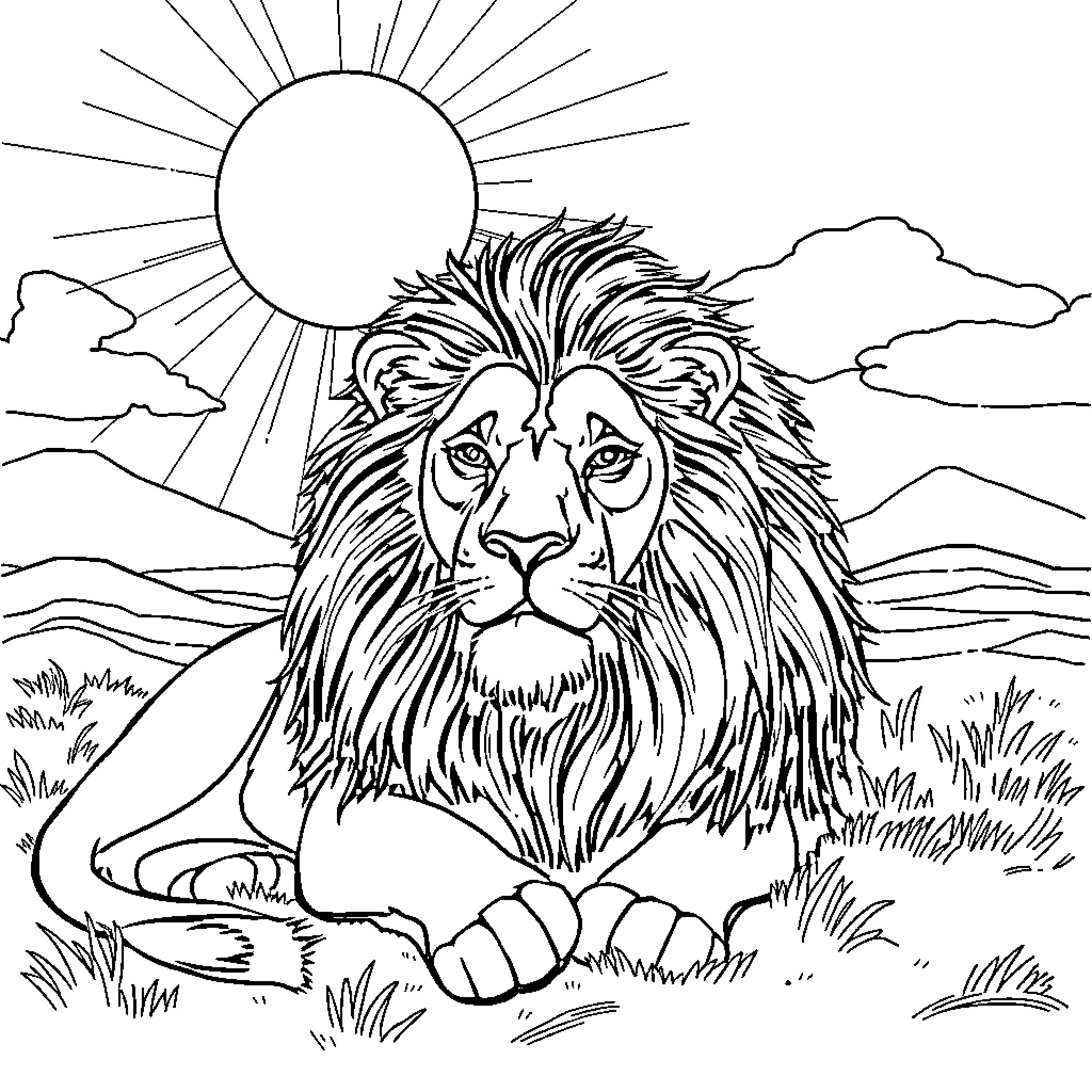 Lion relaxing in the sunny landscape Coloring Page (free black-and-white line drawing printable PDF for all, from beginners to advanced learners, including children, teens, adults, and seniors)