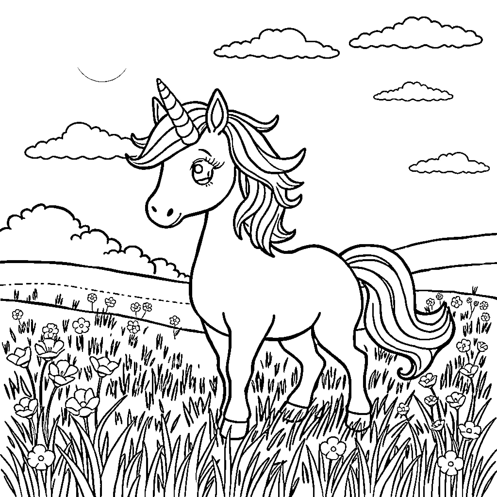 Unicorn standing proudly in a lush meadow Coloring Page (free black-and-white line drawing printable PDF for all, from beginners to advanced learners, including children, teens, adults, and seniors)