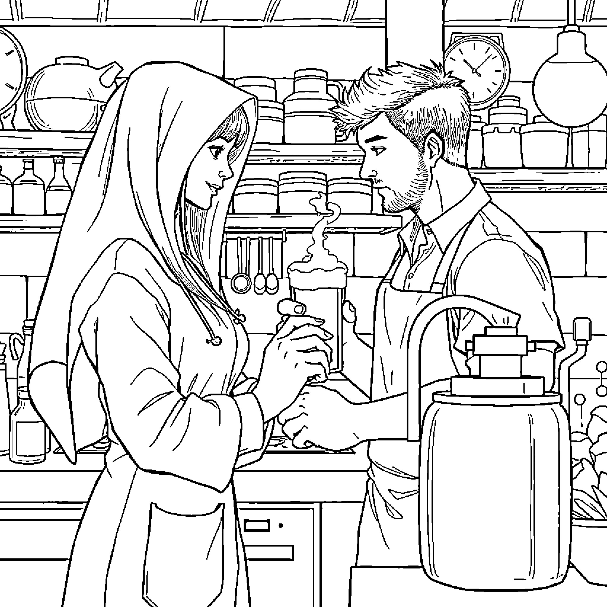 Doctor examining patient in medical office Coloring Page (free black-and-white line drawing printable PDF for all, from beginners to advanced learners, including children, teens, adults, and seniors)