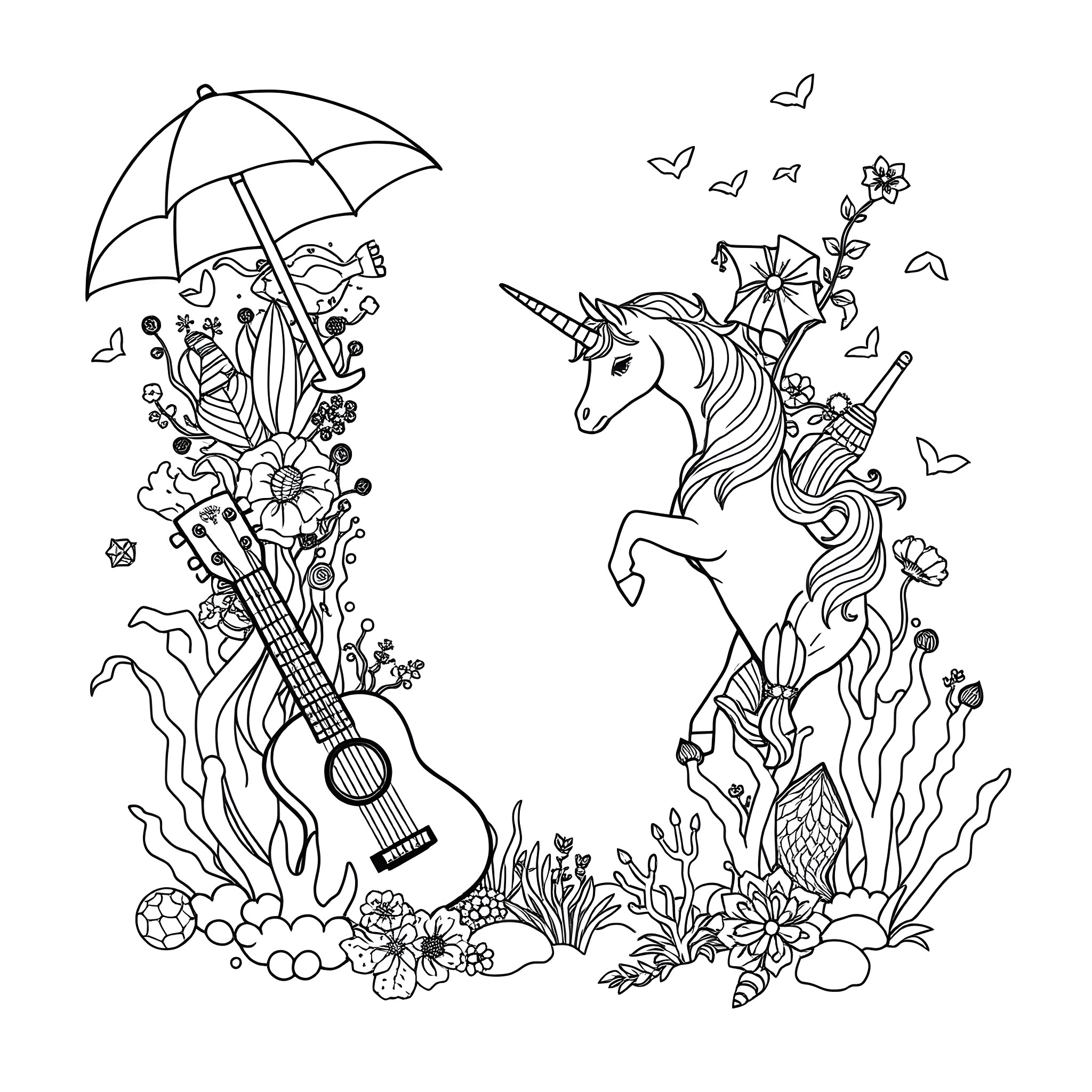 Letter U - Umbrella, Unicorn, and Unique Items Coloring Page (free black-and-white line drawing printable PDF for all, from beginners to advanced learners, including children, teens, adults, and seniors)