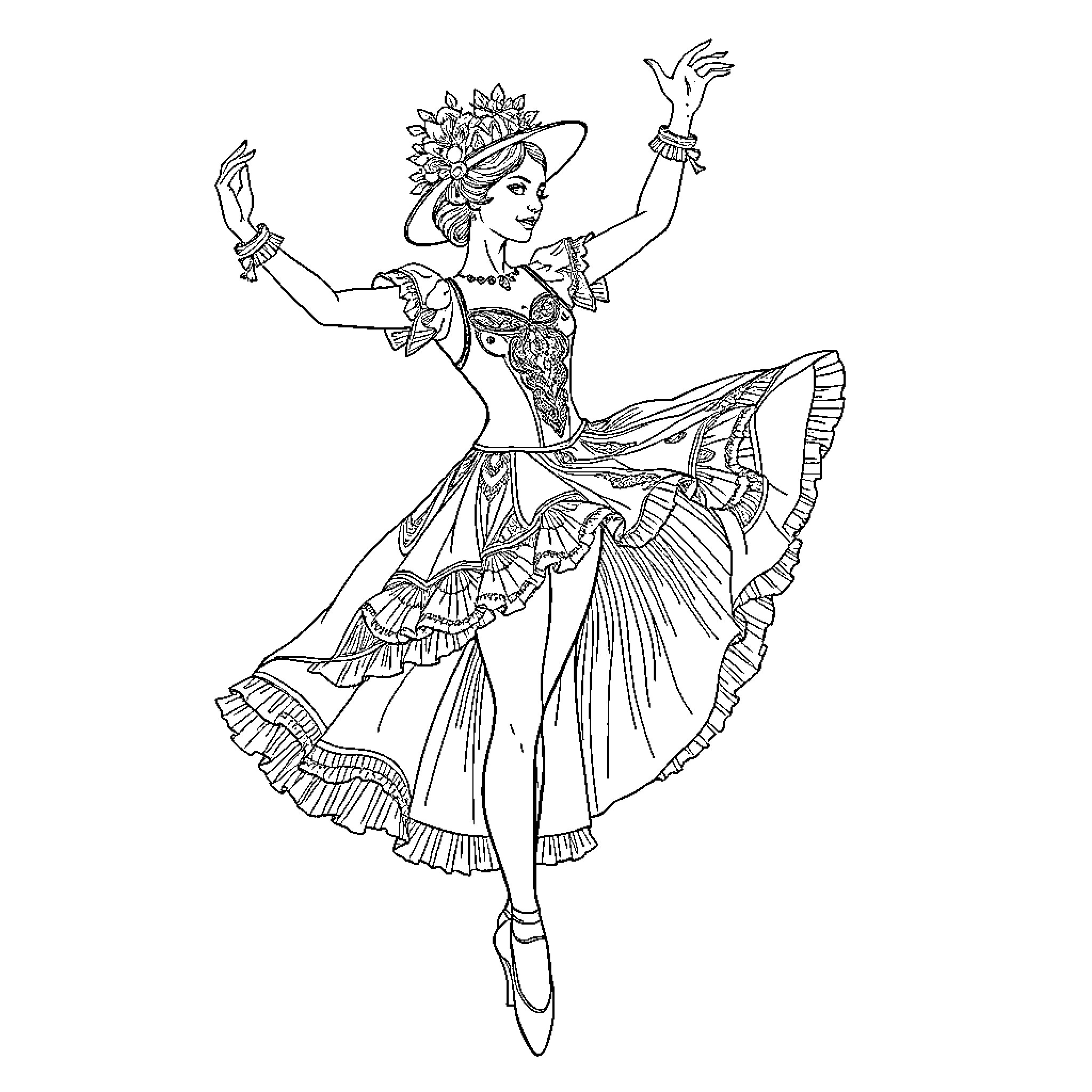 Ballerina performing graceful dance with ornate costume Coloring Page (free black-and-white line drawing printable PDF for all, from beginners to advanced learners, including children, teens, adults, and seniors)