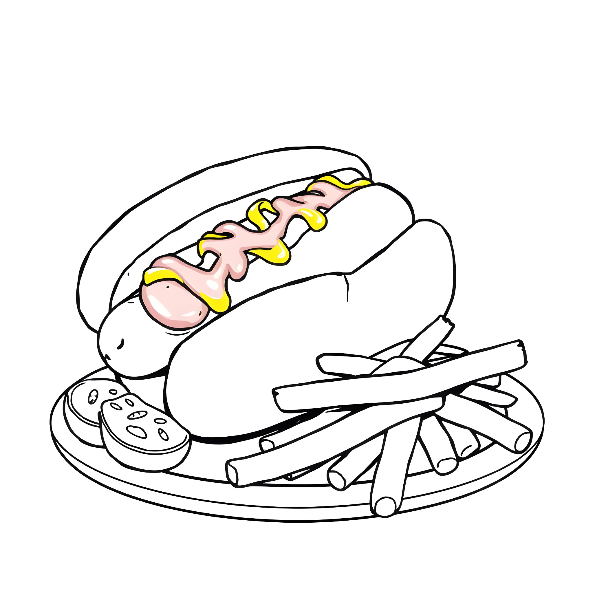 Hotdog with tasty toppings on a plate Coloring Page (free black-and-white line drawing printable PDF for all, from beginners to advanced learners, including children, teens, adults, and seniors)