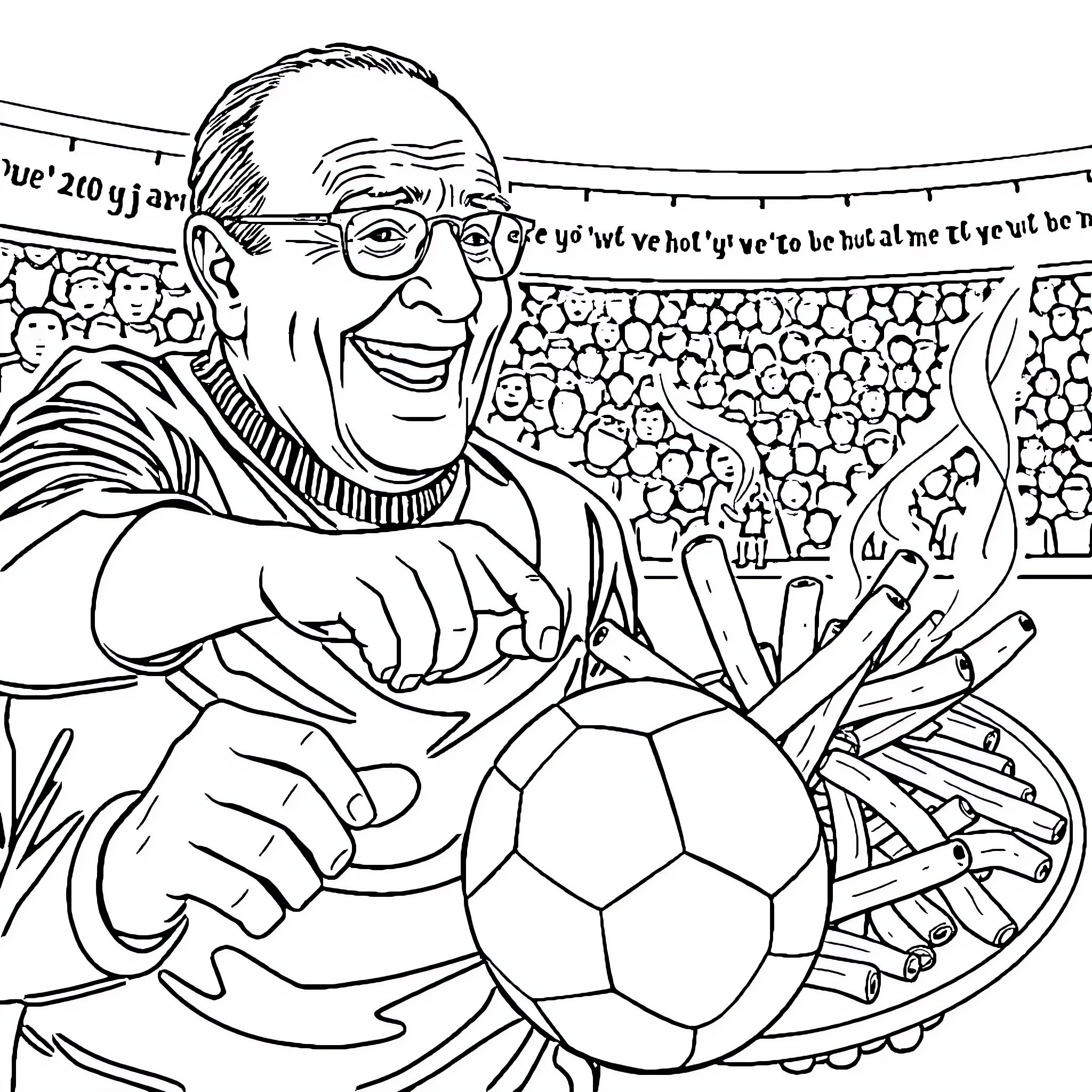 Jacques Chirac's Enthusiasm for Football Coloring Page (free black-and-white line drawing printable PDF for all, from beginners to advanced learners, including children, teens, adults, and seniors)