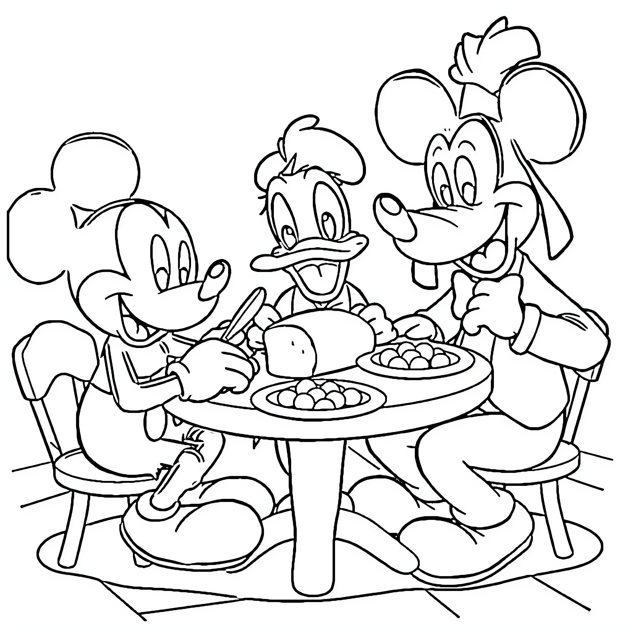 Mickey Mouse and friends enjoying a meal together Coloring Page (free black-and-white line drawing printable PDF for all, from beginners to advanced learners, including children, teens, adults, and seniors)