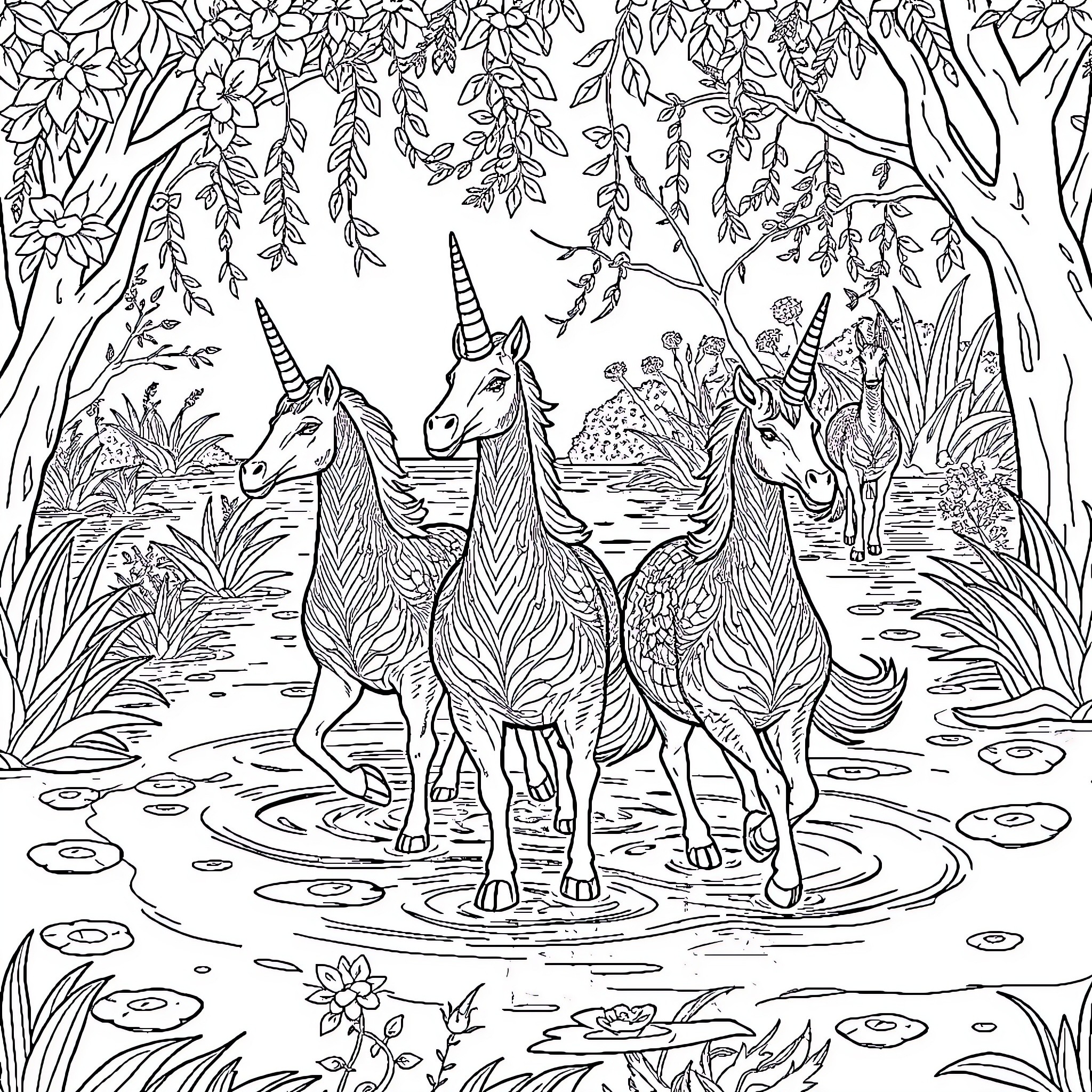 Unicorn Herd Wading in Enchanted Forest Stream Coloring Page (free black-and-white line drawing printable PDF for all, from beginners to advanced learners, including children, teens, adults, and seniors)