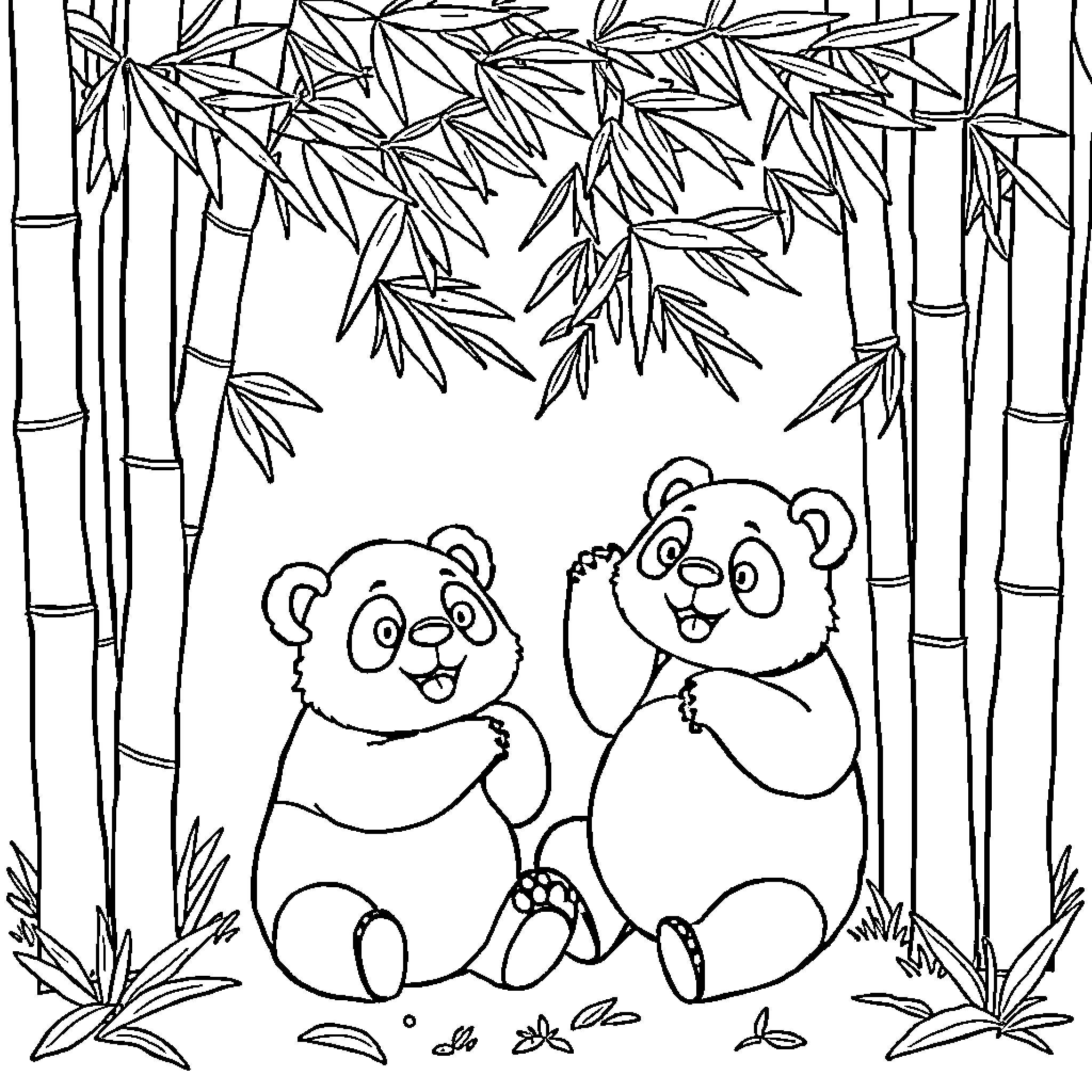 Panda cubs playing in bamboo forest Coloring Page (free black-and-white line drawing printable PDF for all, from beginners to advanced learners, including children, teens, adults, and seniors)