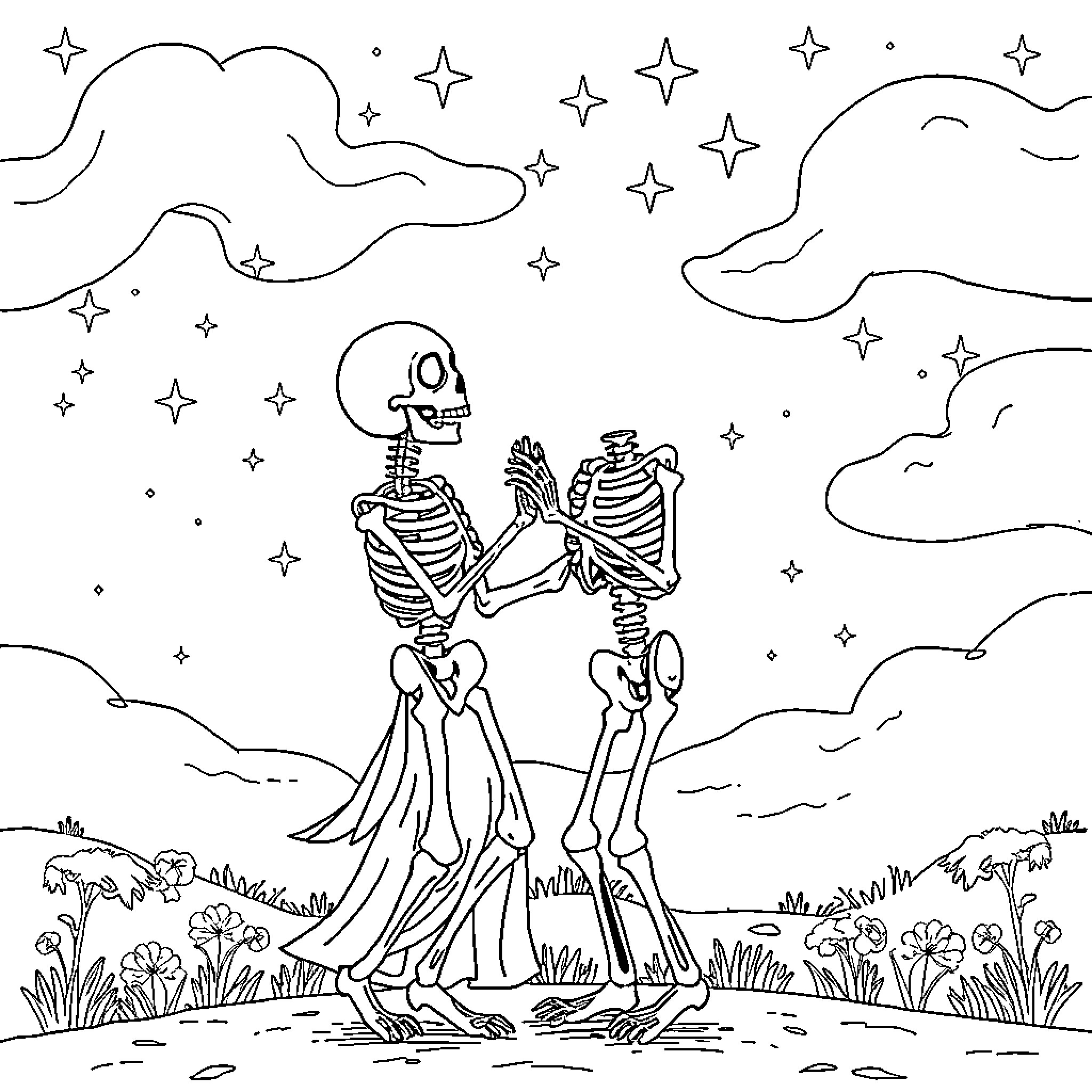 Skeleton Dance Under the Starry Night Coloring Page (free black-and-white line drawing printable PDF for all, from beginners to advanced learners, including children, teens, adults, and seniors)