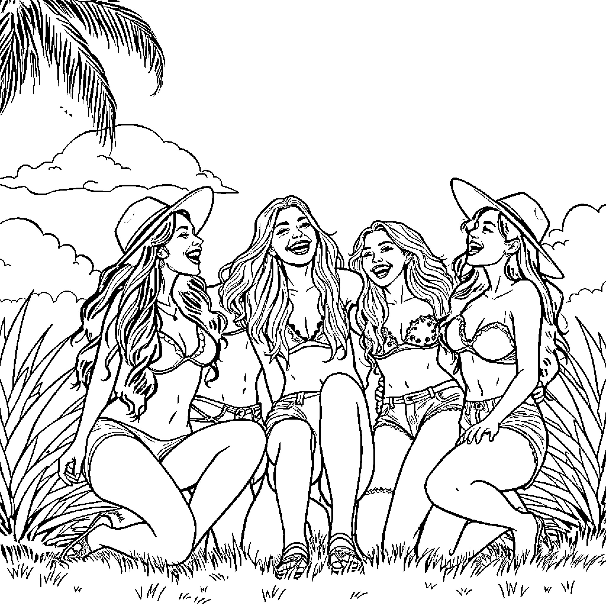 Girls on a tropical vacation enjoying time together Coloring Page (free black-and-white line drawing printable PDF for all, from beginners to advanced learners, including children, teens, adults, and seniors)