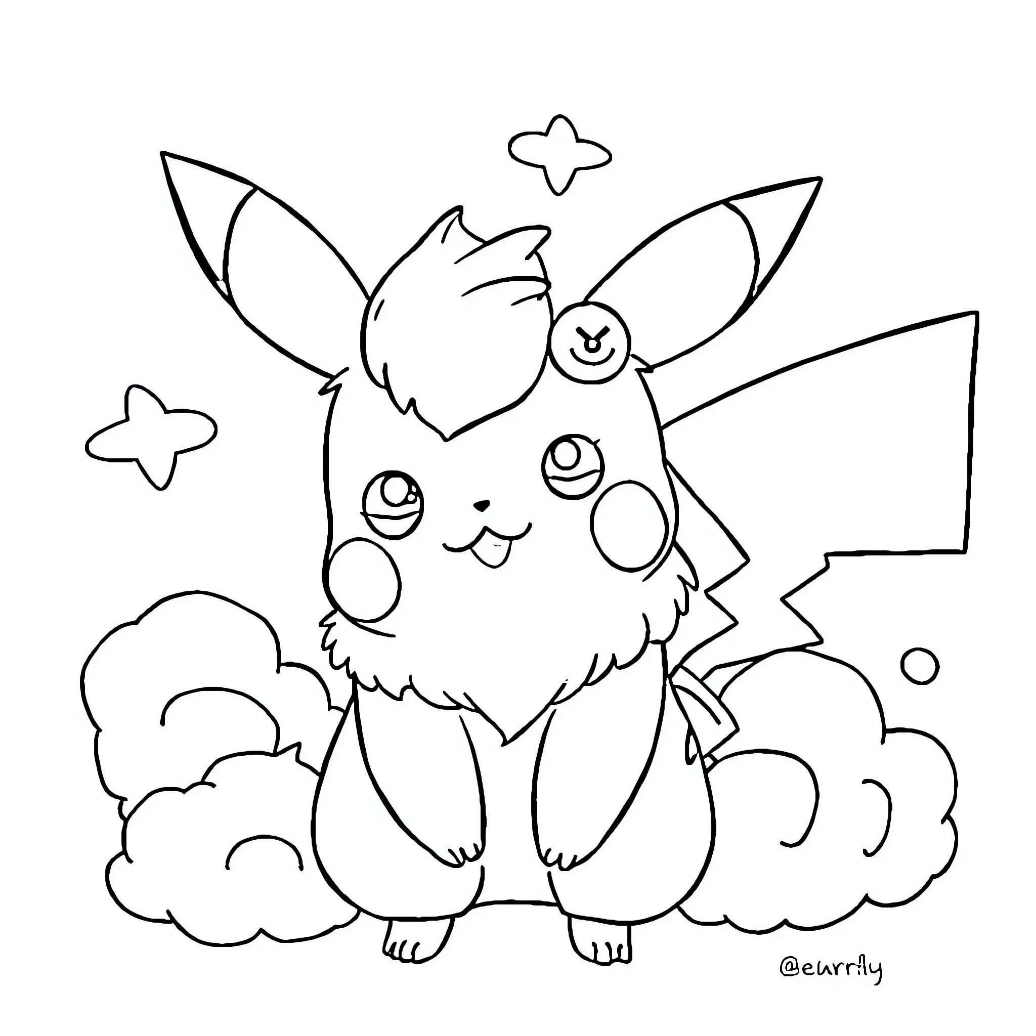 Pikachu playing happily in the clouds Coloring Page (free black-and-white line drawing printable PDF for all, from beginners to advanced learners, including children, teens, adults, and seniors)