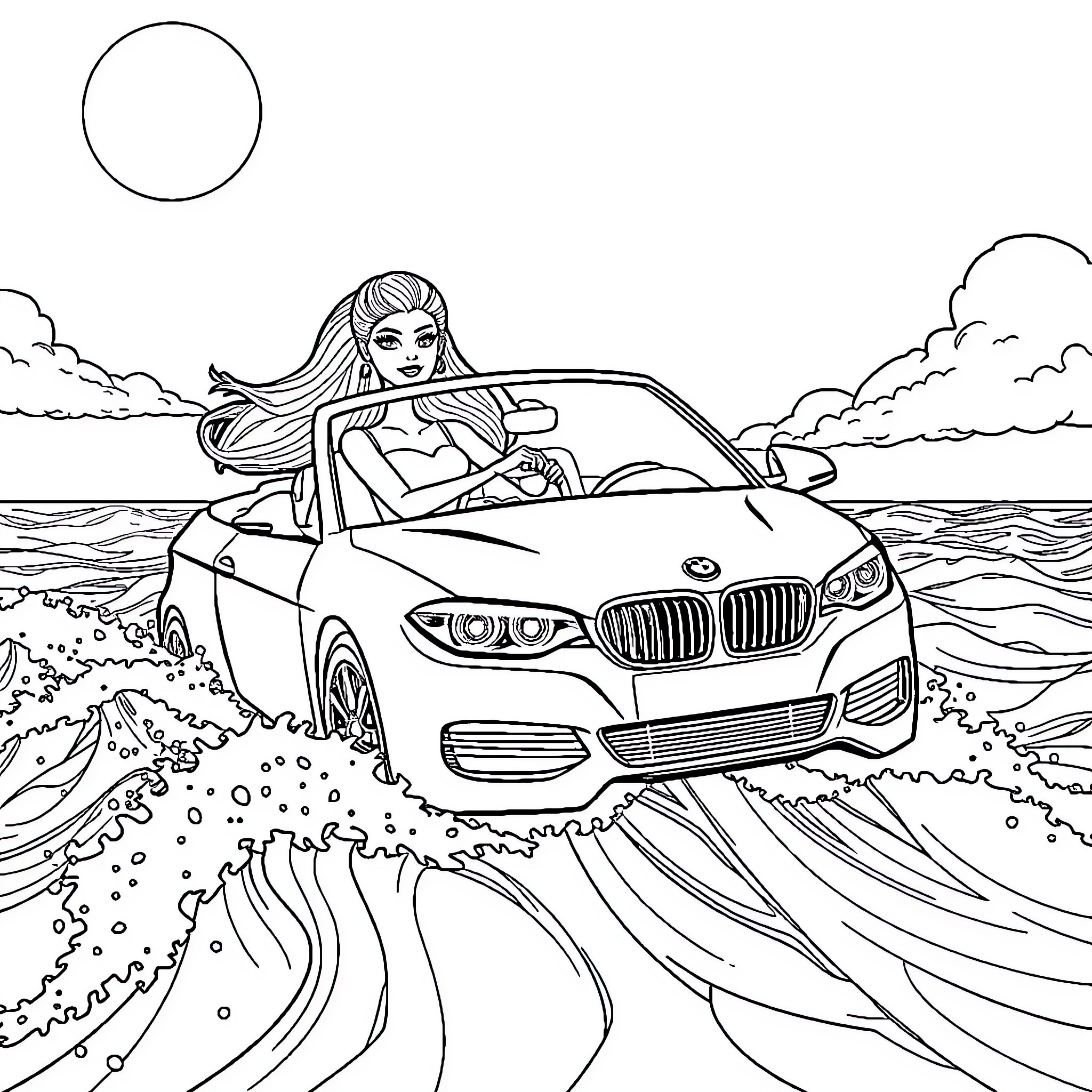 Barbie driving a sports car on the beach Coloring Page (free black-and-white line drawing printable PDF for all, from beginners to advanced learners, including children, teens, adults, and seniors)