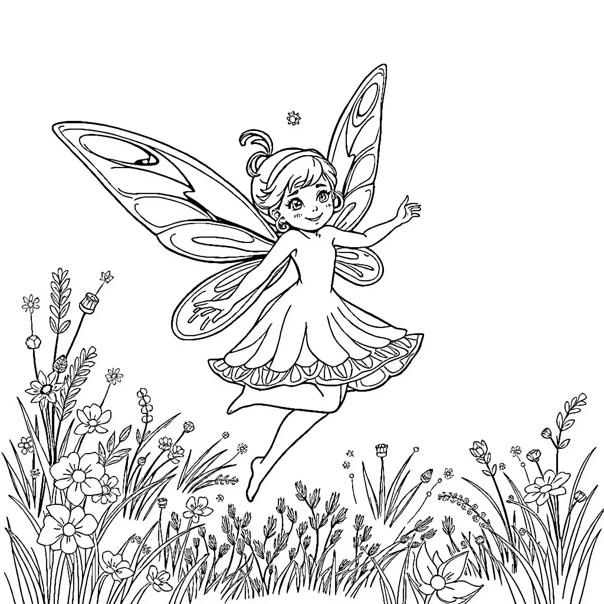 Ariel the Fairy Dancing Joyfully in Floral Garden Coloring Page (free black-and-white line drawing printable PDF for all, from beginners to advanced learners, including children, teens, adults, and seniors)