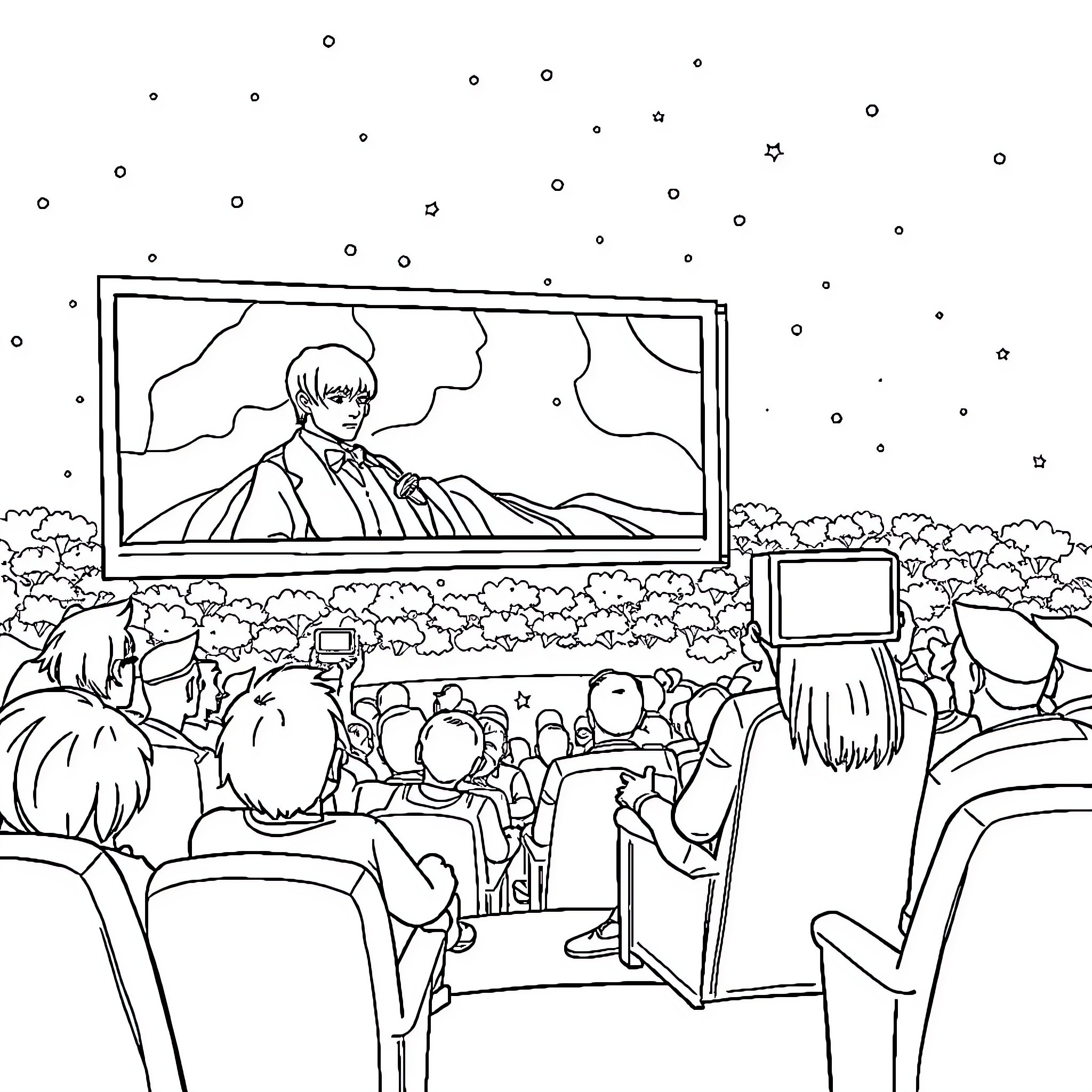 Movie Night at the Outdoor Cinema Coloring Page (free black-and-white line drawing printable PDF for all, from beginners to advanced learners, including children, teens, adults, and seniors)