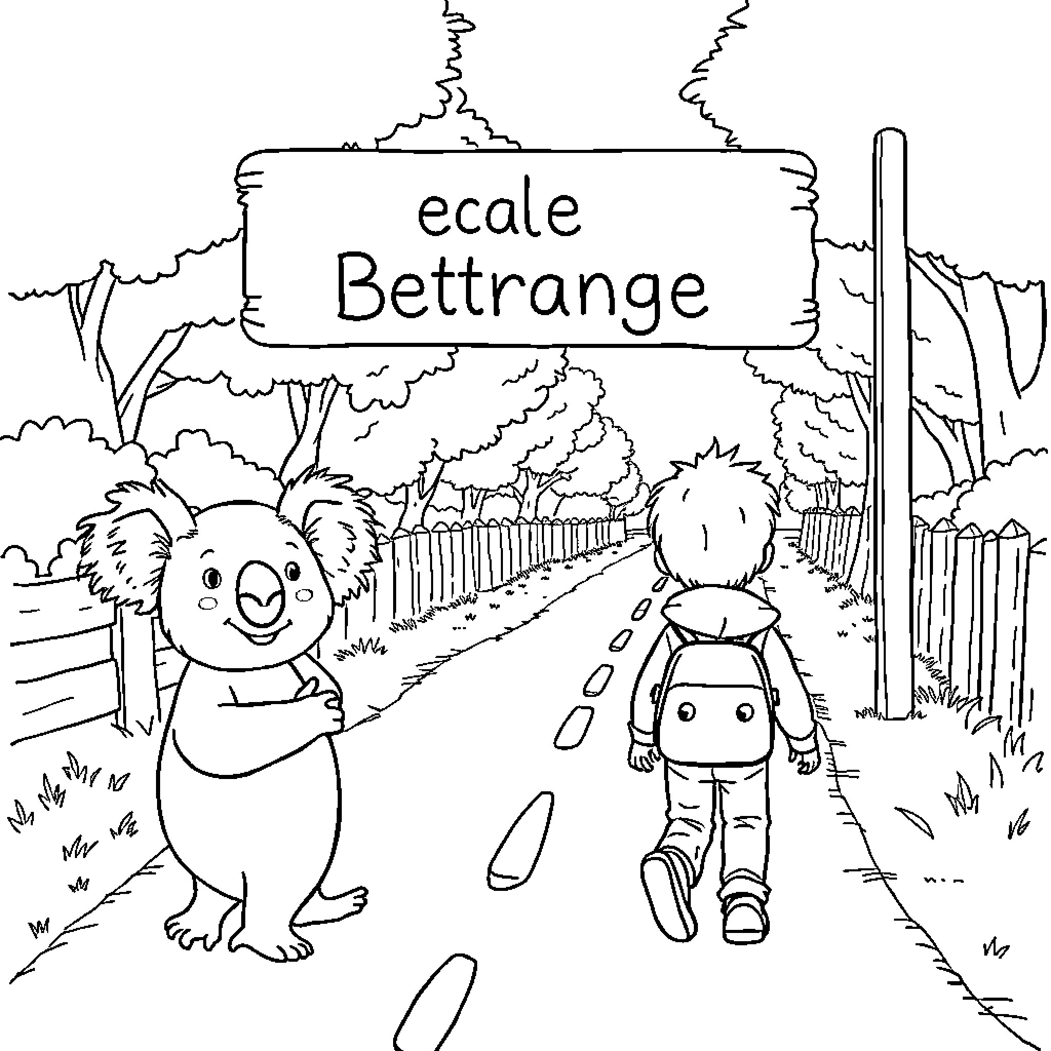 Koala friends exploring the ecale Bettrange village Coloring Page (free black-and-white line drawing printable PDF for all, from beginners to advanced learners, including children, teens, adults, and seniors)