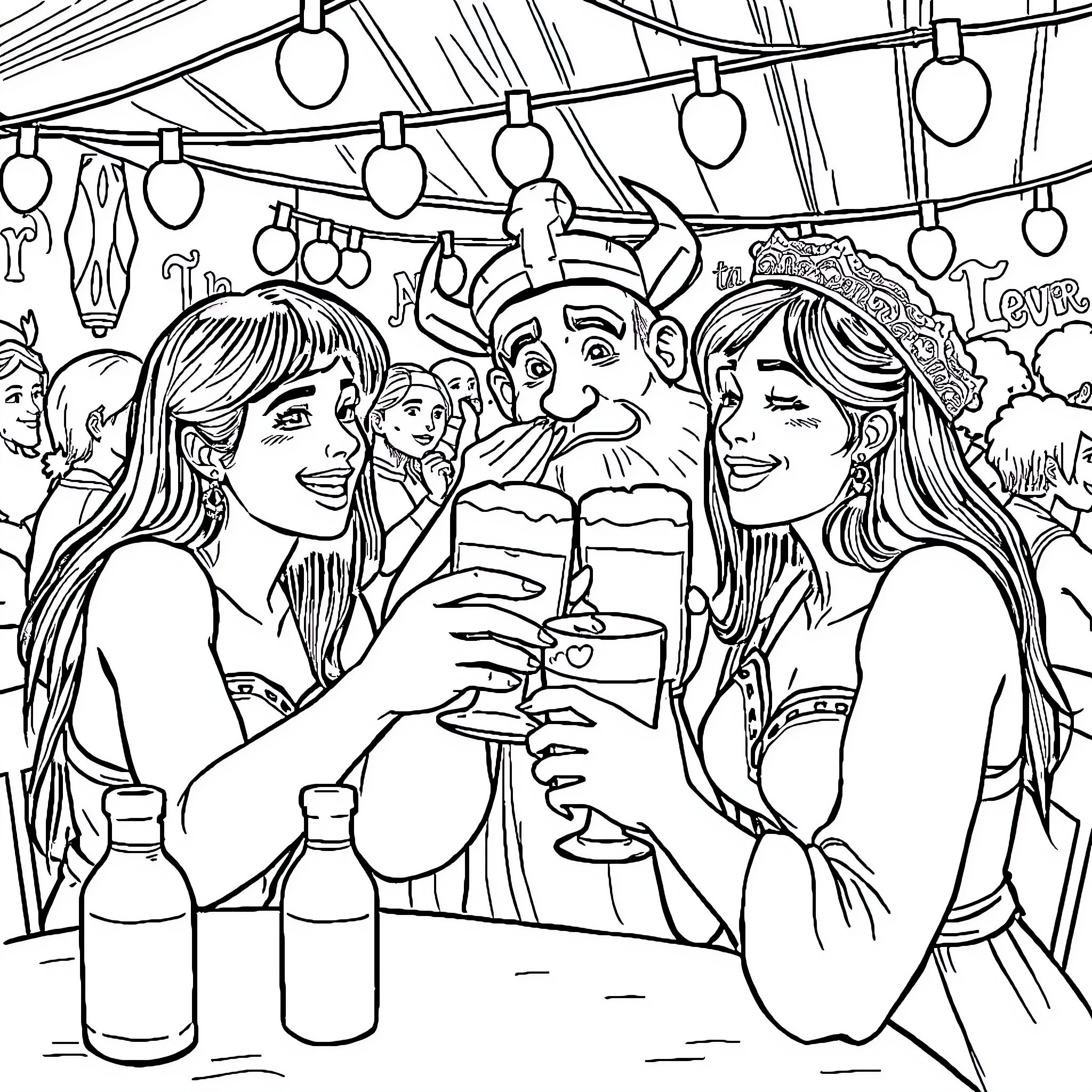 Pastorela: Festive Celebration with Drinks and Laughter Coloring Page (free black-and-white line drawing printable PDF for all, from beginners to advanced learners, including children, teens, adults, and seniors)
