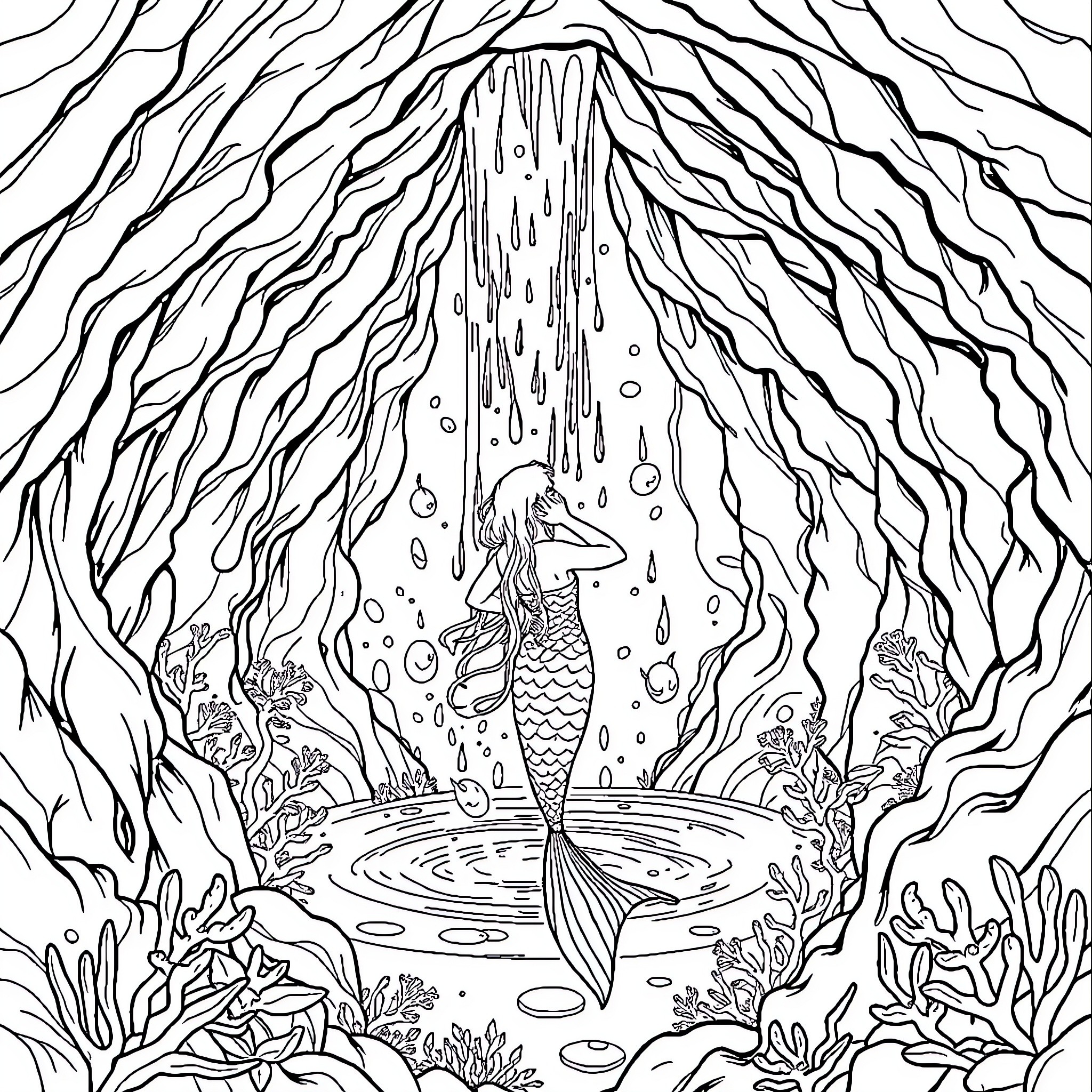 Mermaid swimming in an underwater cave Coloring Page (free black-and-white line drawing printable PDF for all, from beginners to advanced learners, including children, teens, adults, and seniors)
