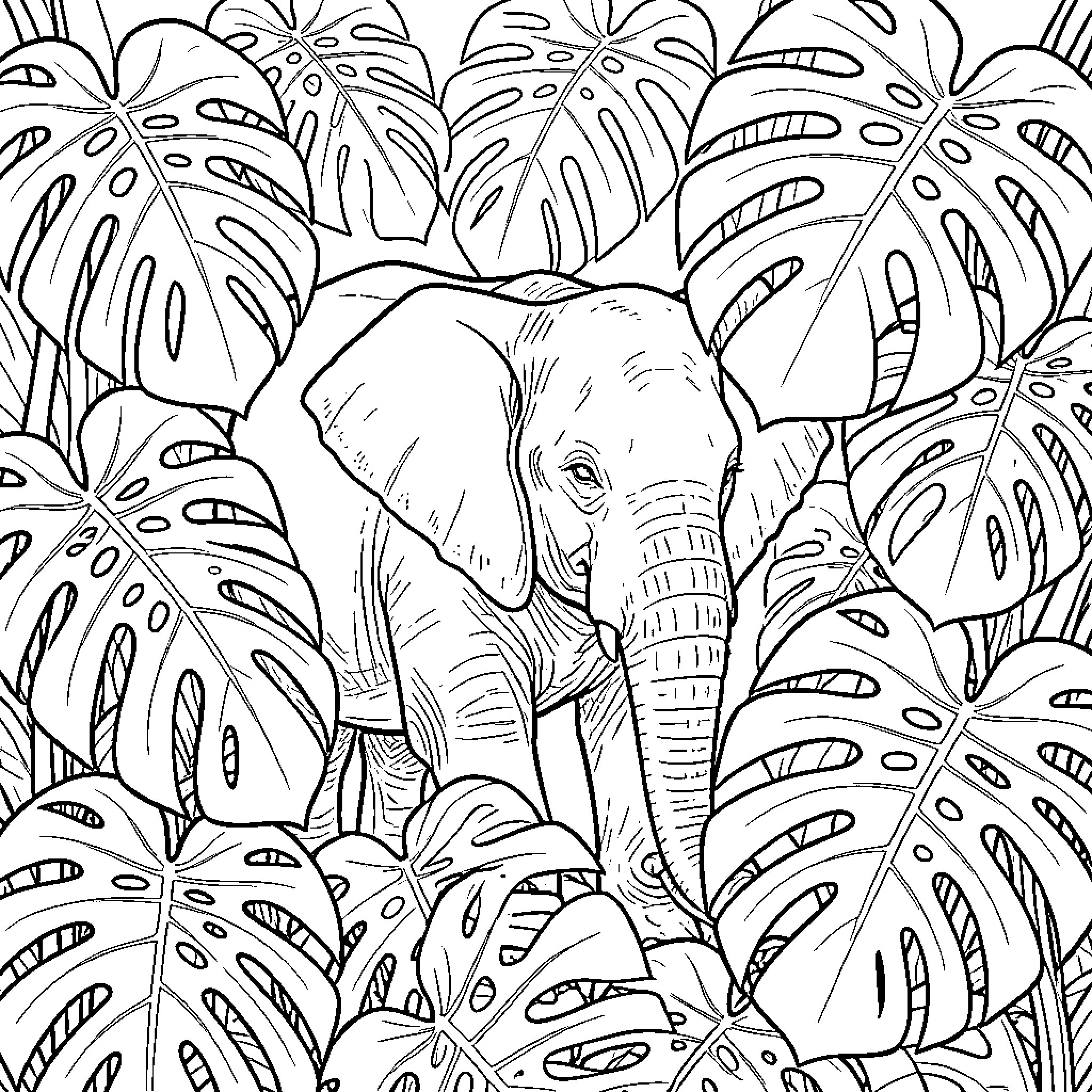 Elephant in the tropical foliage Coloring Page (free black-and-white line drawing printable PDF for all, from beginners to advanced learners, including children, teens, adults, and seniors)