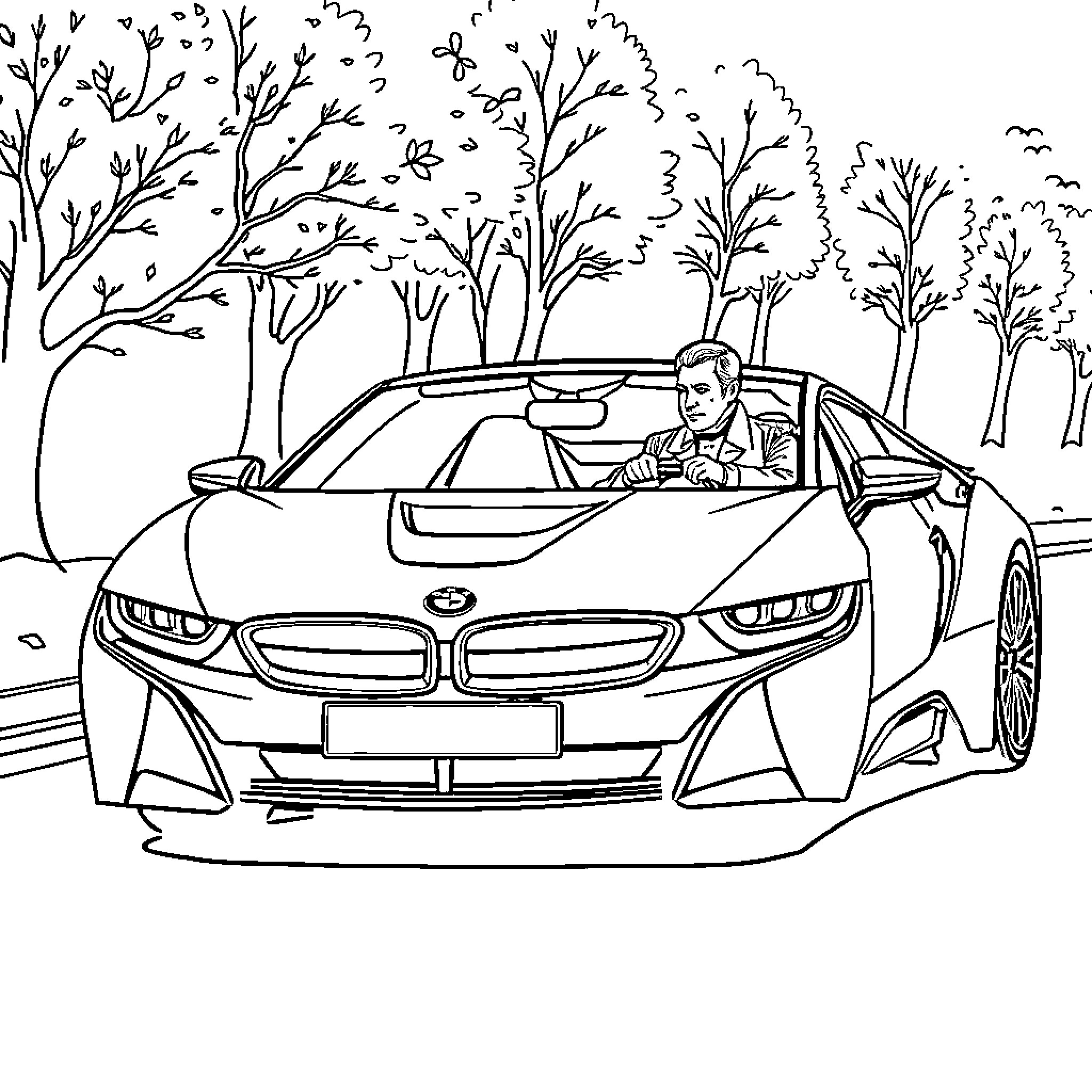 BMW i8 driving through a scenic forest Coloring Page (free black-and-white line drawing printable PDF for all, from beginners to advanced learners, including children, teens, adults, and seniors)