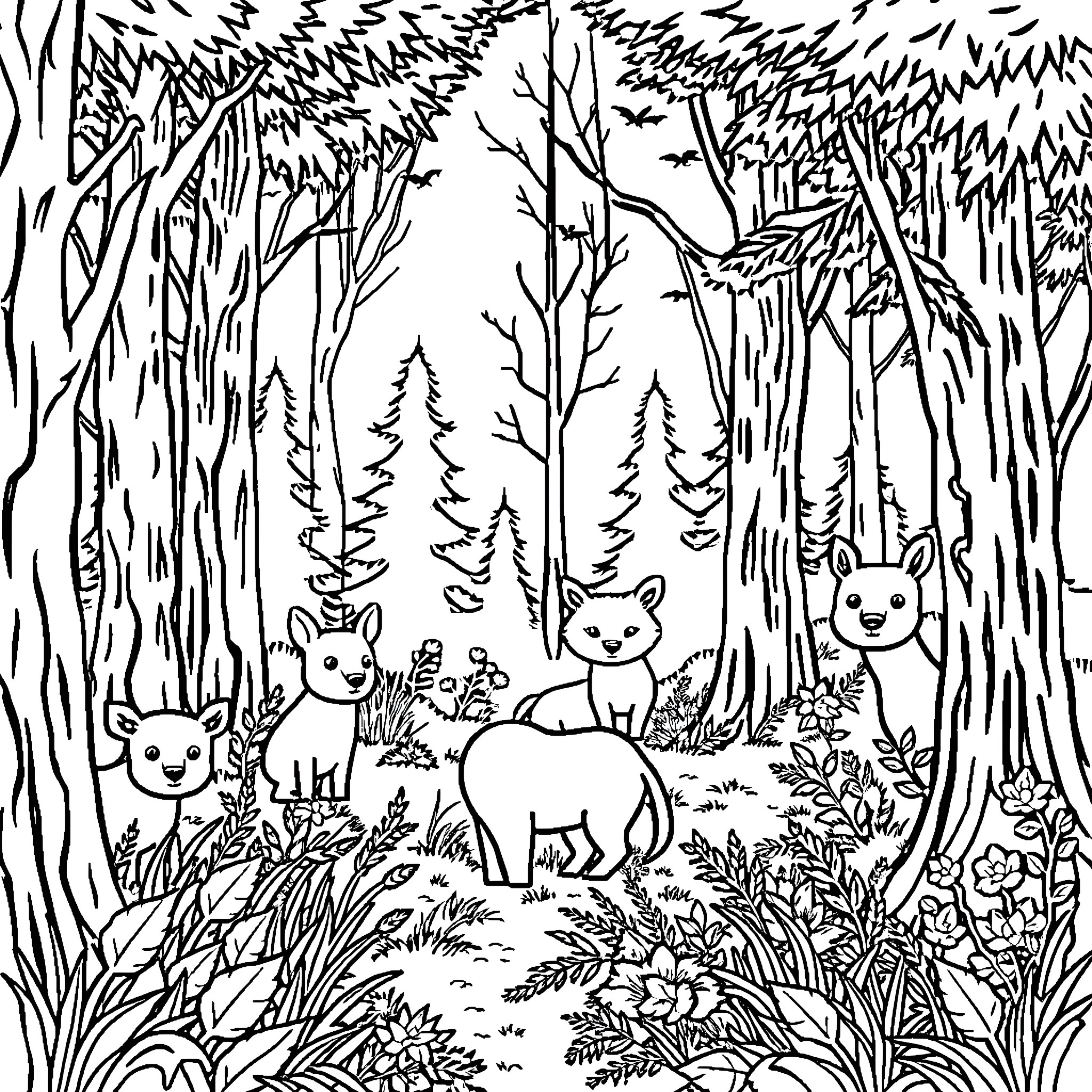 Animal forest scene with cute woodland creatures Coloring Page (free black-and-white line drawing printable PDF for all, from beginners to advanced learners, including children, teens, adults, and seniors)