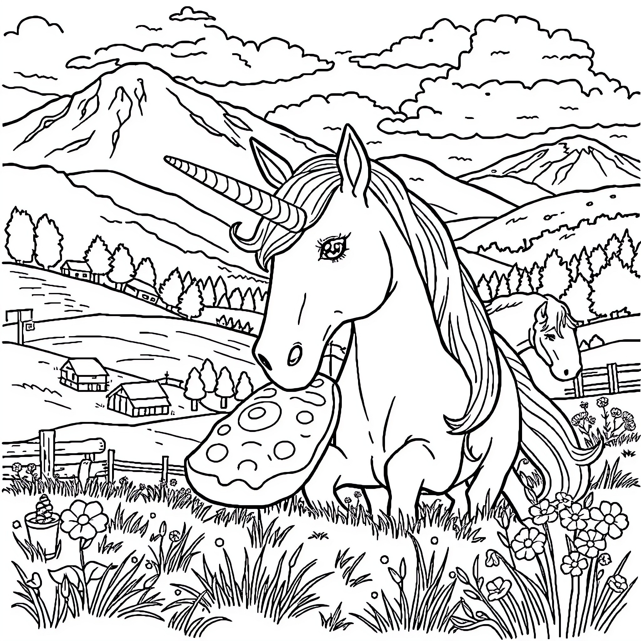 Unicorn standing majestically in a serene mountain landscape Coloring Page (free black-and-white line drawing printable PDF for all, from beginners to advanced learners, including children, teens, adults, and seniors)