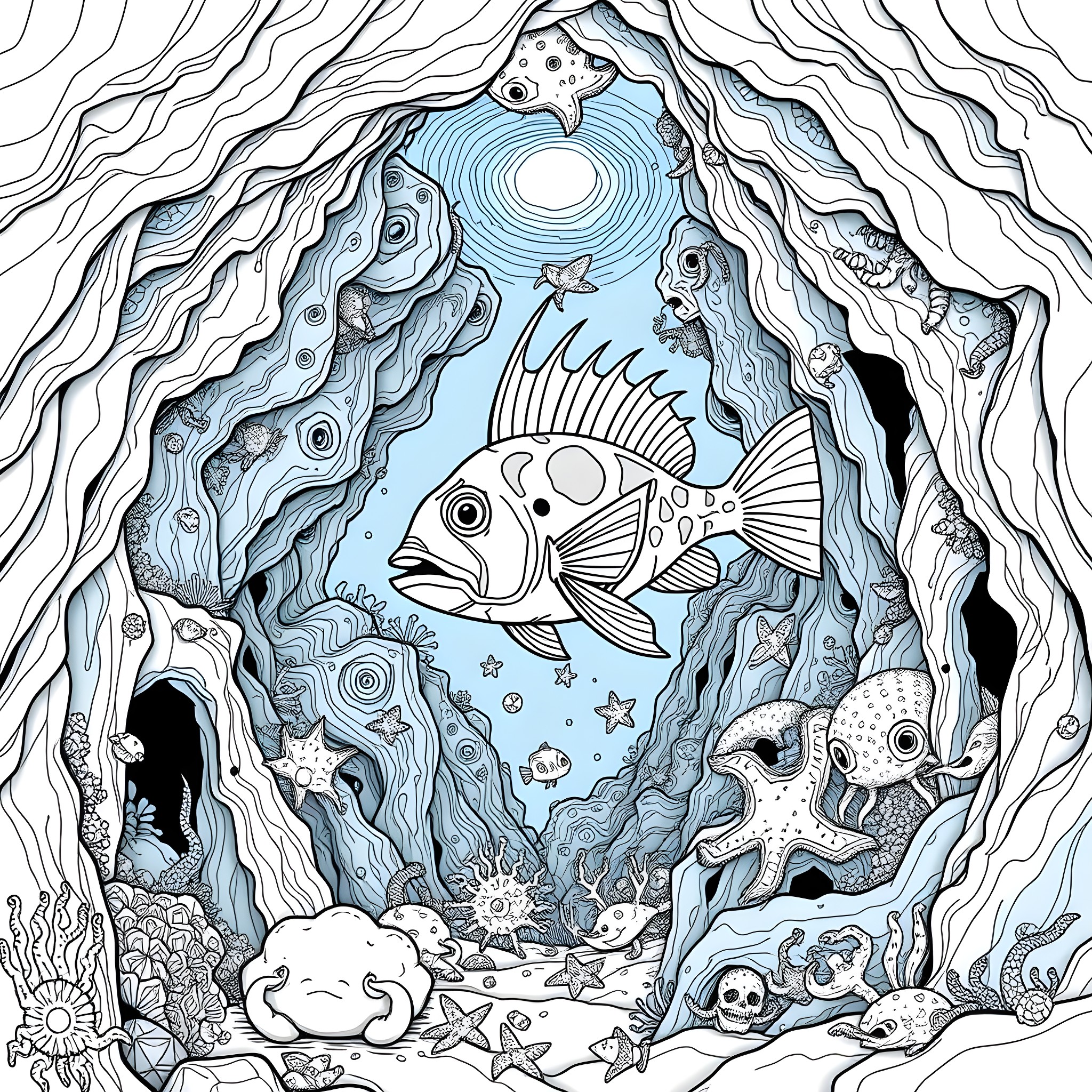 Anglerfish swimming in the deep sea depths Coloring Page (free black-and-white line drawing printable PDF for all, from beginners to advanced learners, including children, teens, adults, and seniors)