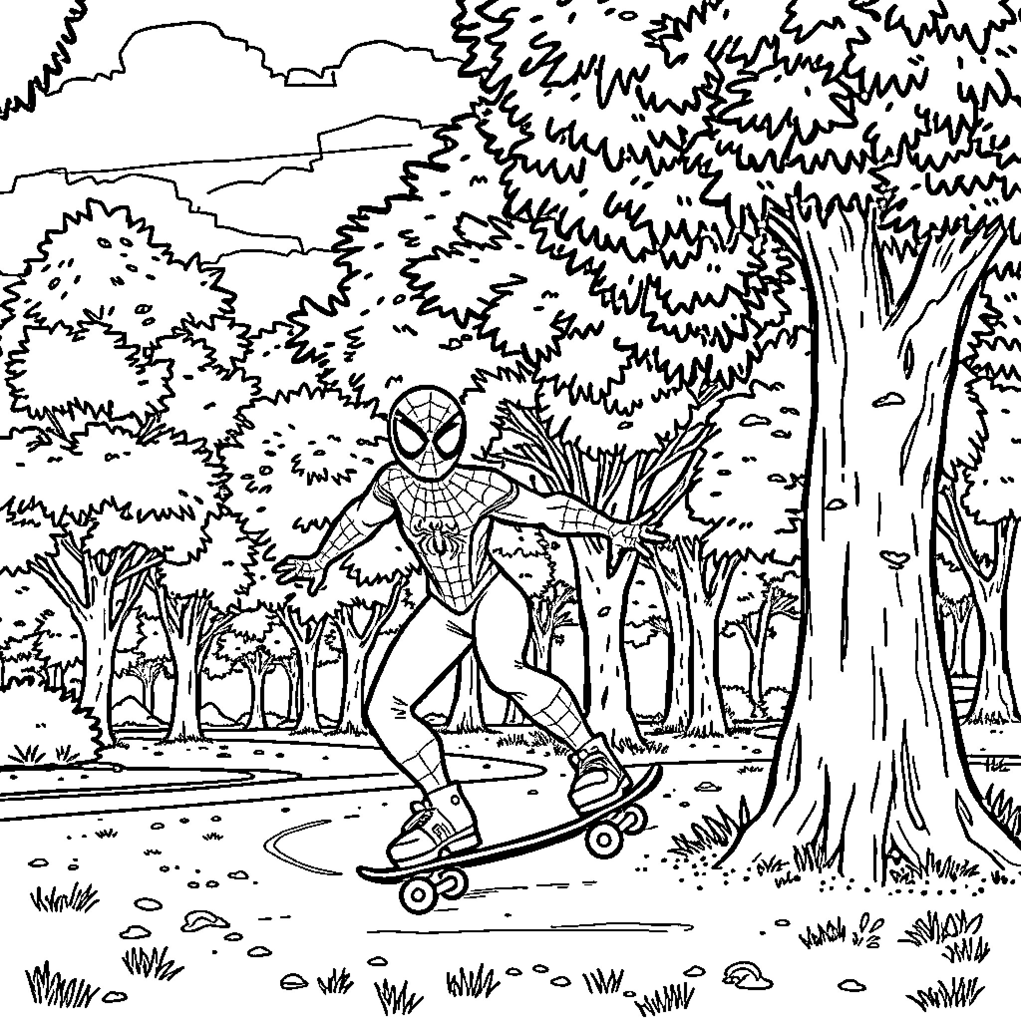 Spidey skateboarding through the forest Coloring Page (free black-and-white line drawing printable PDF for all, from beginners to advanced learners, including children, teens, adults, and seniors)