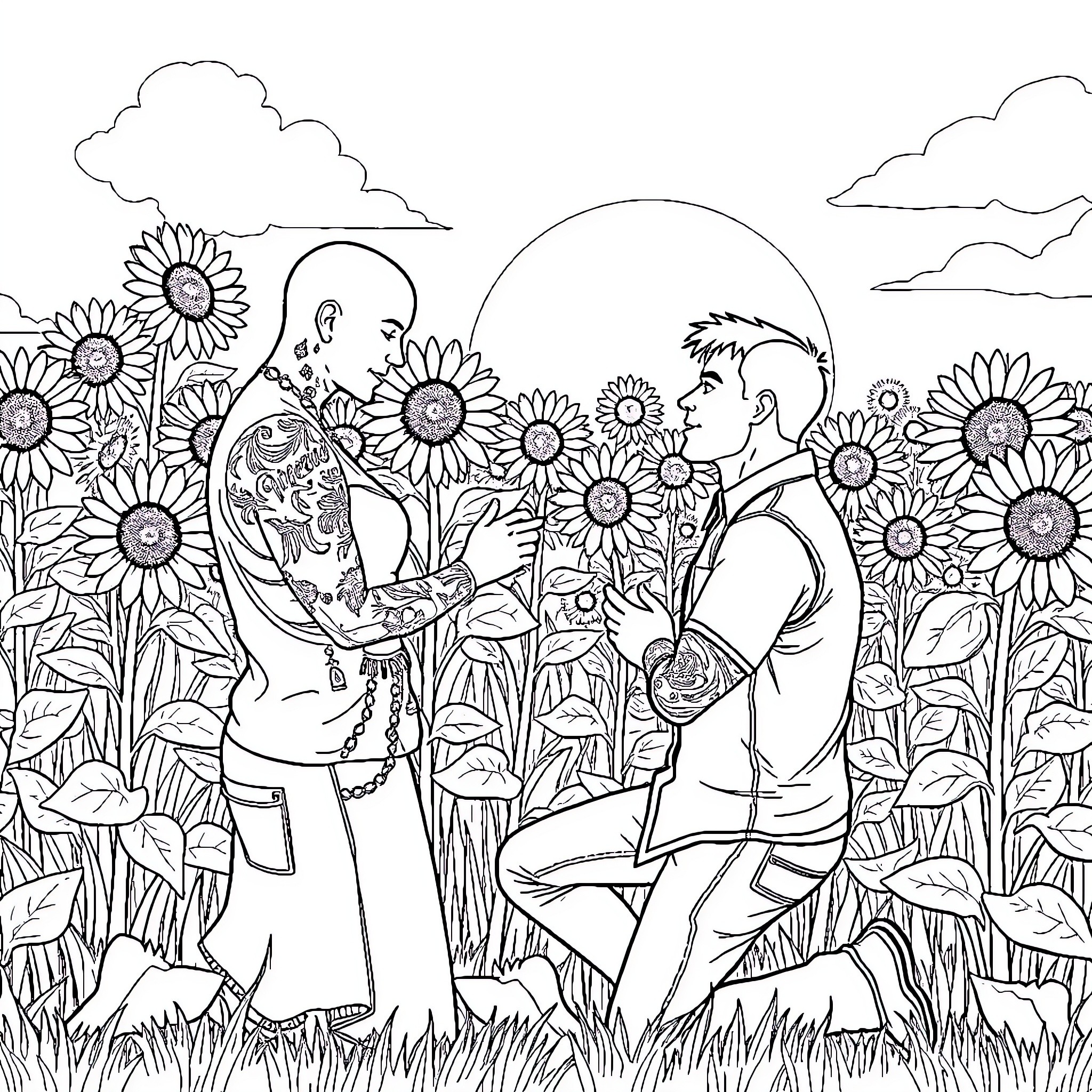 Proposal in a Sunflower Field Coloring Page (free black-and-white line drawing printable PDF for all, from beginners to advanced learners, including children, teens, adults, and seniors)
