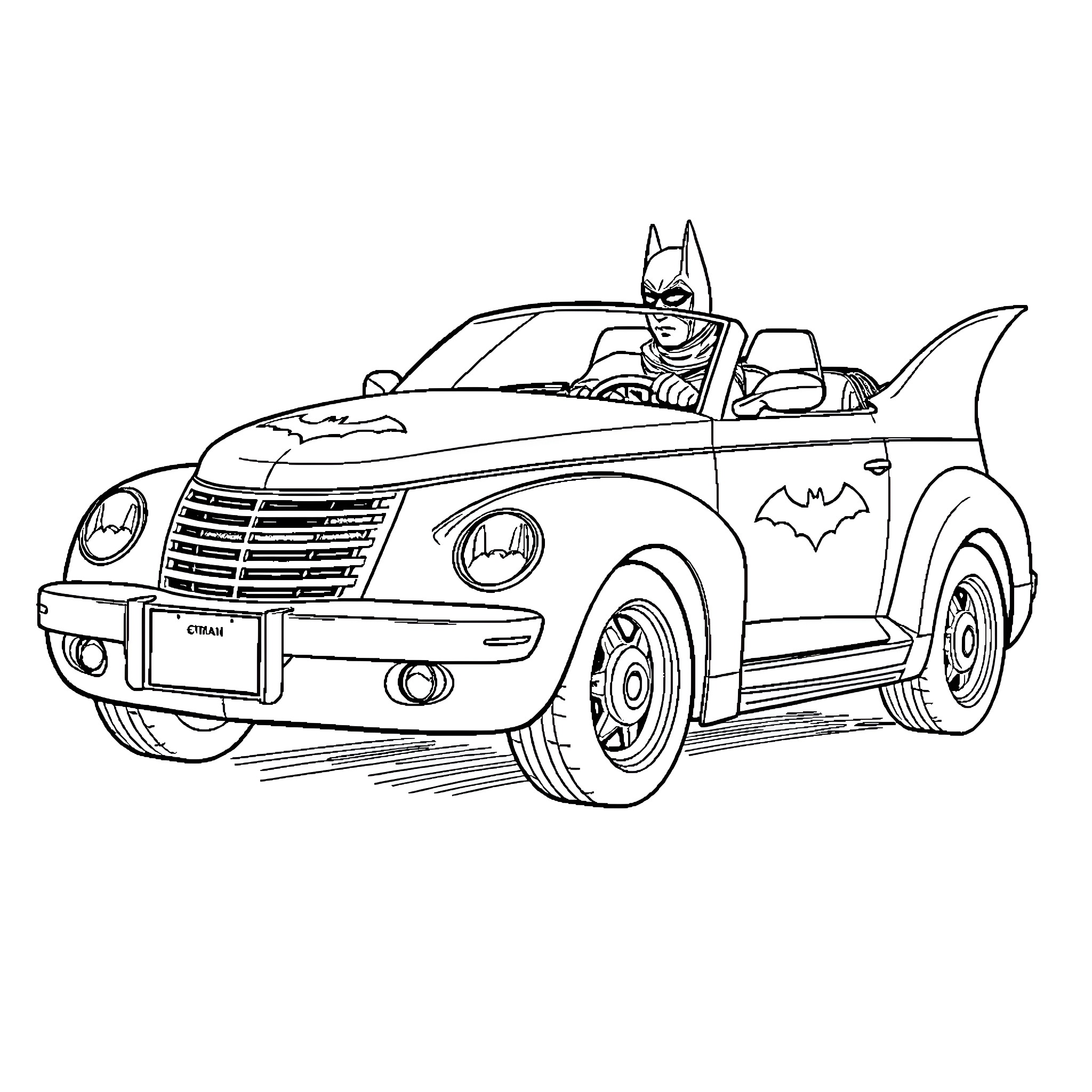 Batmobile cruising with Batman at the wheel Coloring Page (free black-and-white line drawing printable PDF for all, from beginners to advanced learners, including children, teens, adults, and seniors)