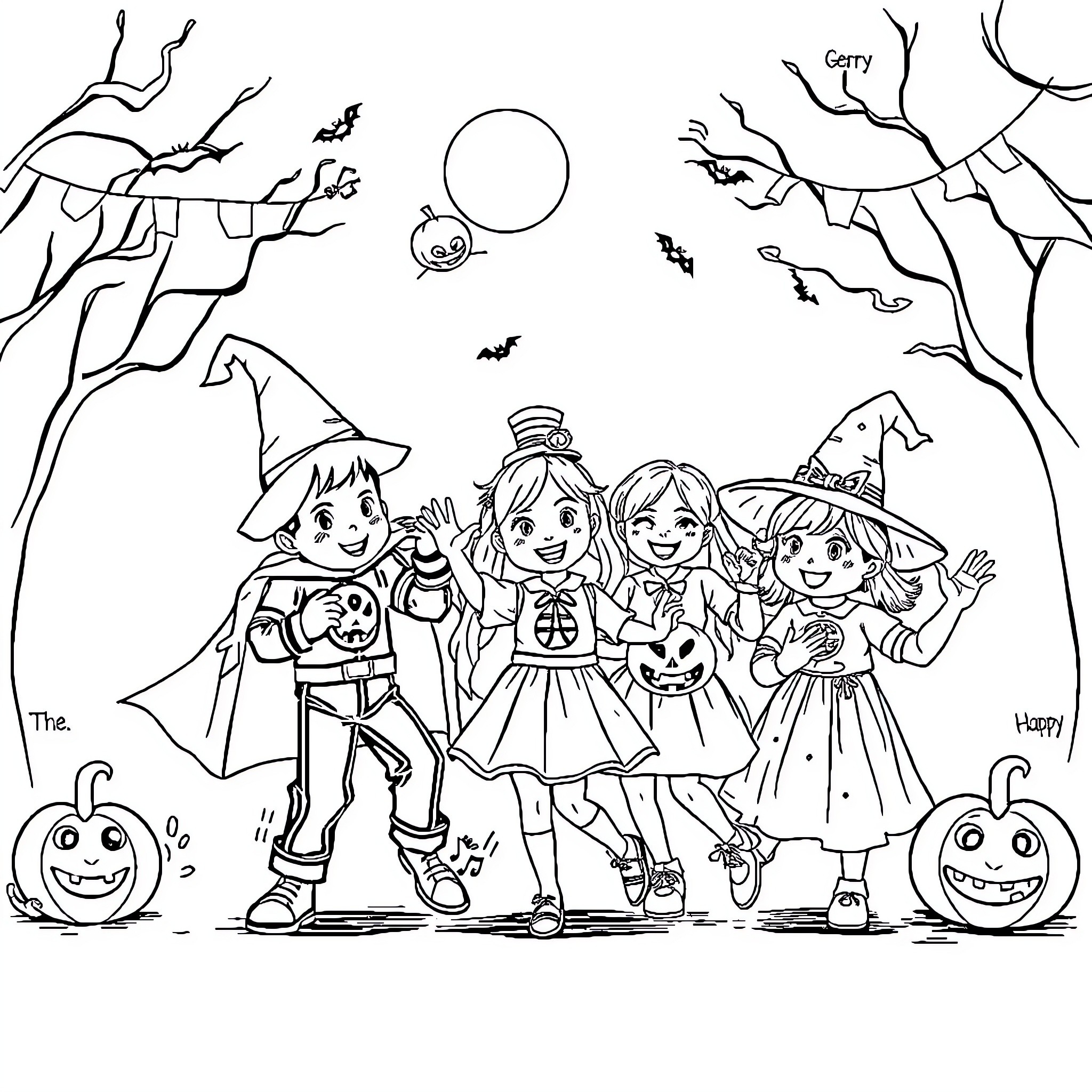 Halloween kids in costume playing and having fun Coloring Page (free black-and-white line drawing printable PDF for all, from beginners to advanced learners, including children, teens, adults, and seniors)