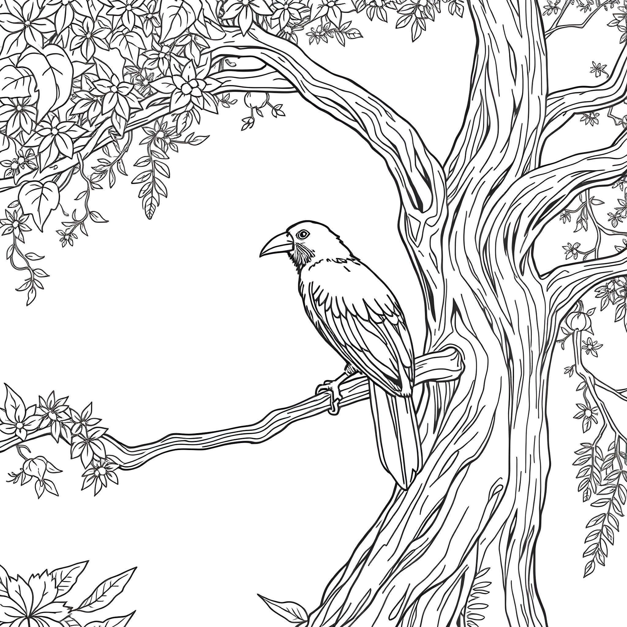 Amandava bird perched on a branch in a lush forest Coloring Page (free black-and-white line drawing printable PDF for all, from beginners to advanced learners, including children, teens, adults, and seniors)