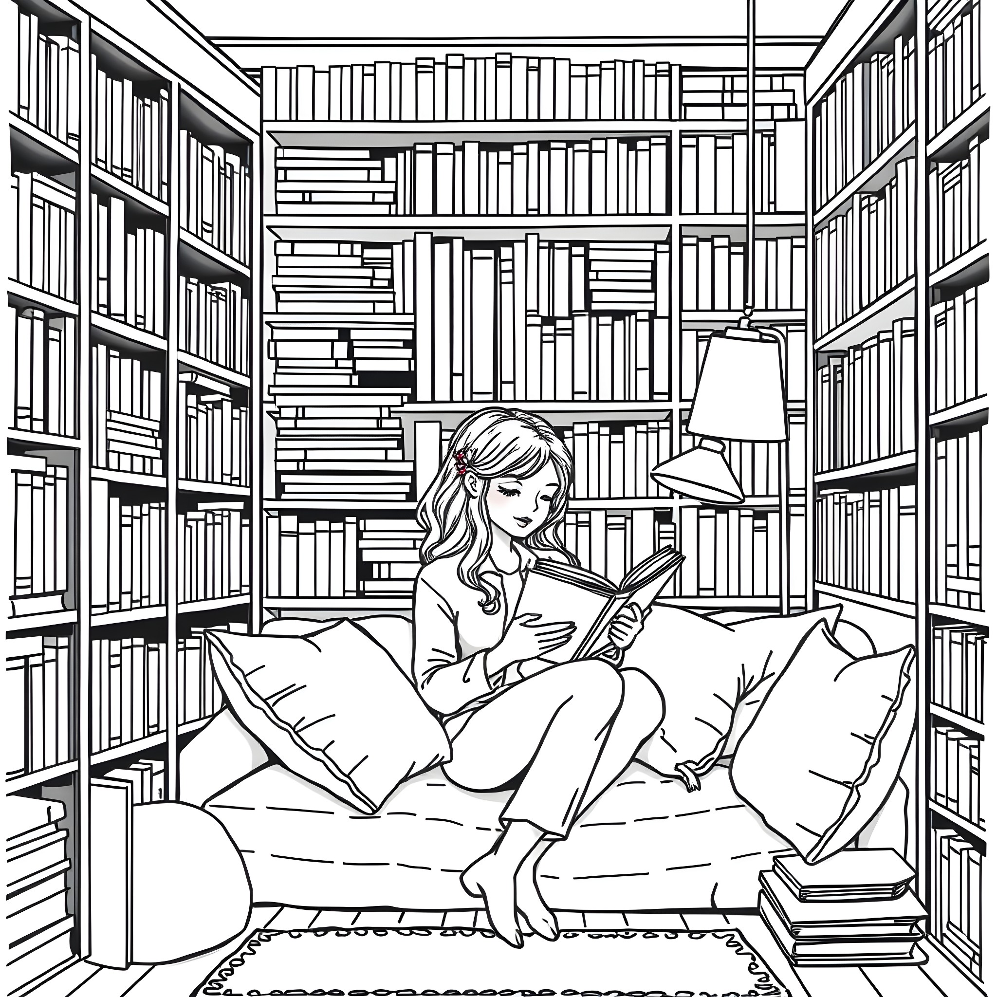Woman reading a book in a cozy library Coloring Page (free black-and-white line drawing printable PDF for all, from beginners to advanced learners, including children, teens, adults, and seniors)