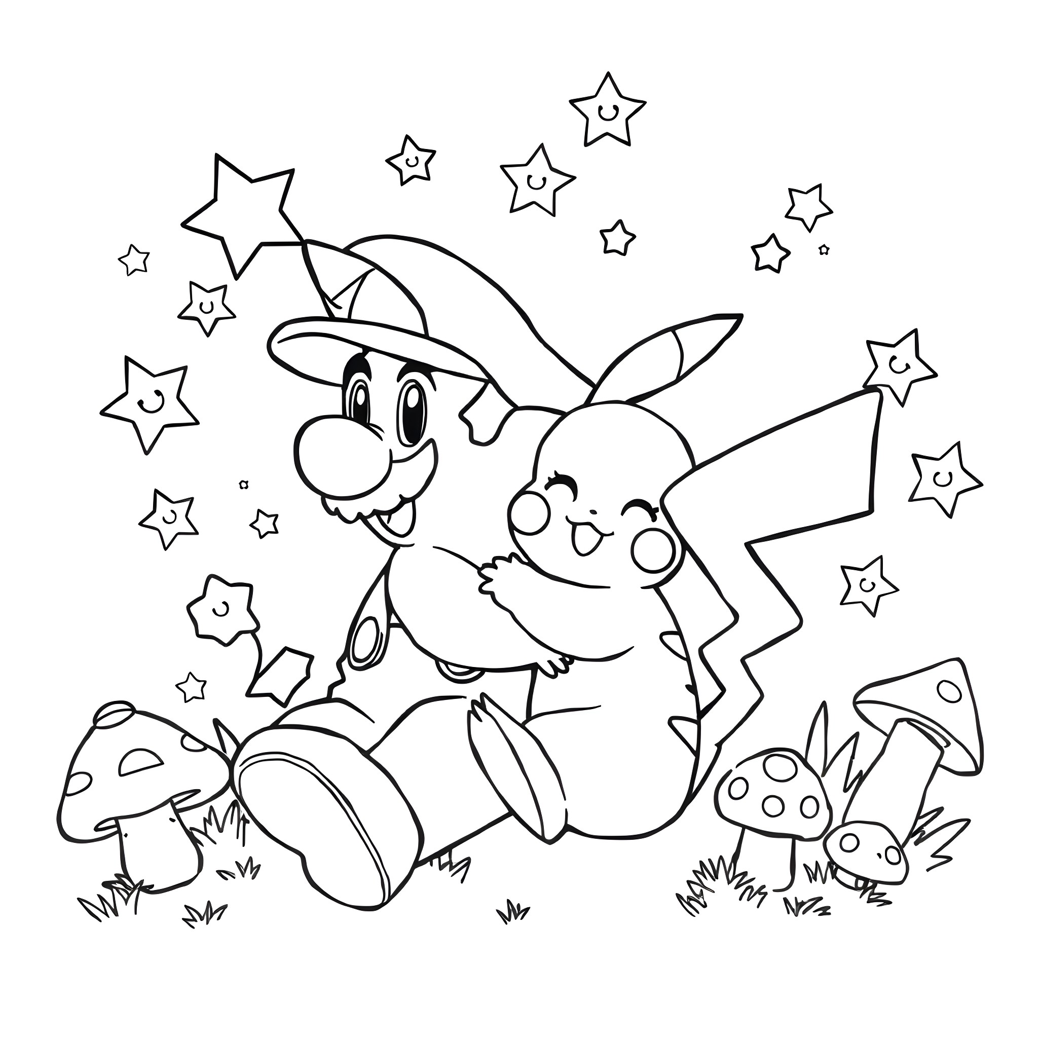 Pikachu playing joyfully in the night with stars Coloring Page (free black-and-white line drawing printable PDF for all, from beginners to advanced learners, including children, teens, adults, and seniors)