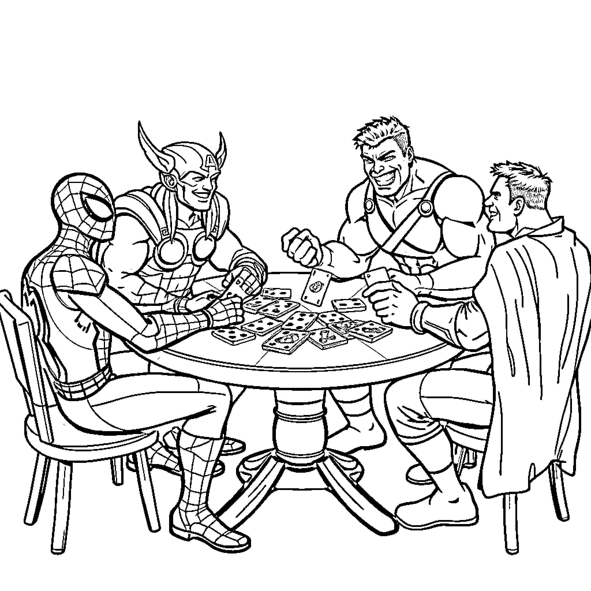 Superheroes Enjoying a Game Together Coloring Page (free black-and-white line drawing printable PDF for all, from beginners to advanced learners, including children, teens, adults, and seniors)