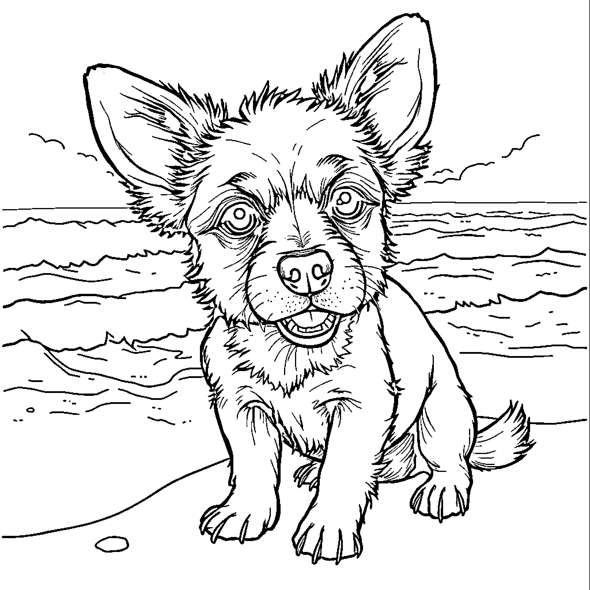 Poodle playing happily at the beach Coloring Page (free black-and-white line drawing printable PDF for all, from beginners to advanced learners, including children, teens, adults, and seniors)