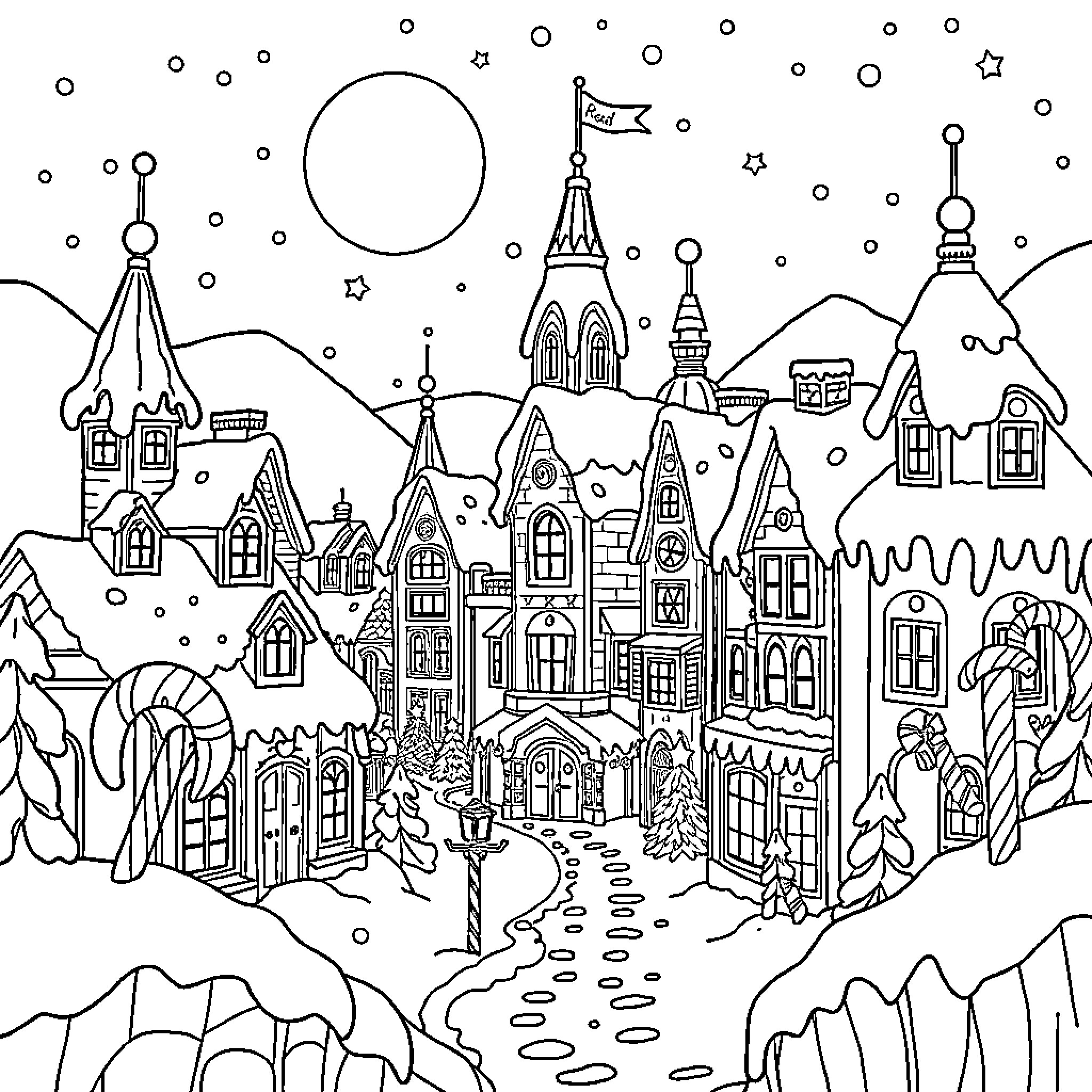 Chocolate City - Whimsical Snow-Covered Village Scene Coloring Page (free black-and-white line drawing printable PDF for all, from beginners to advanced learners, including children, teens, adults, and seniors)