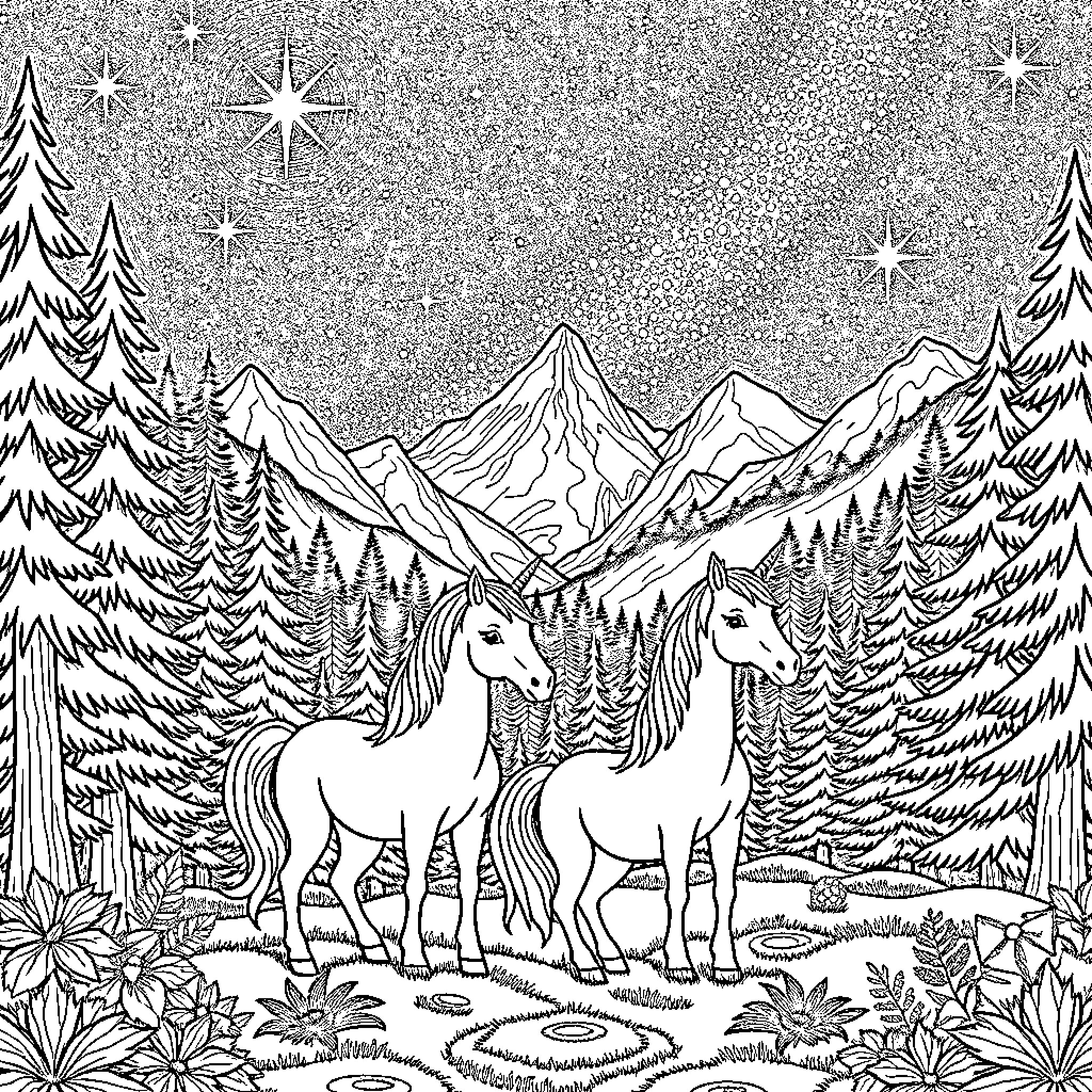 Unicorn Duo in Majestic Mountain Landscape Coloring Page (free black-and-white line drawing printable PDF for all, from beginners to advanced learners, including children, teens, adults, and seniors)