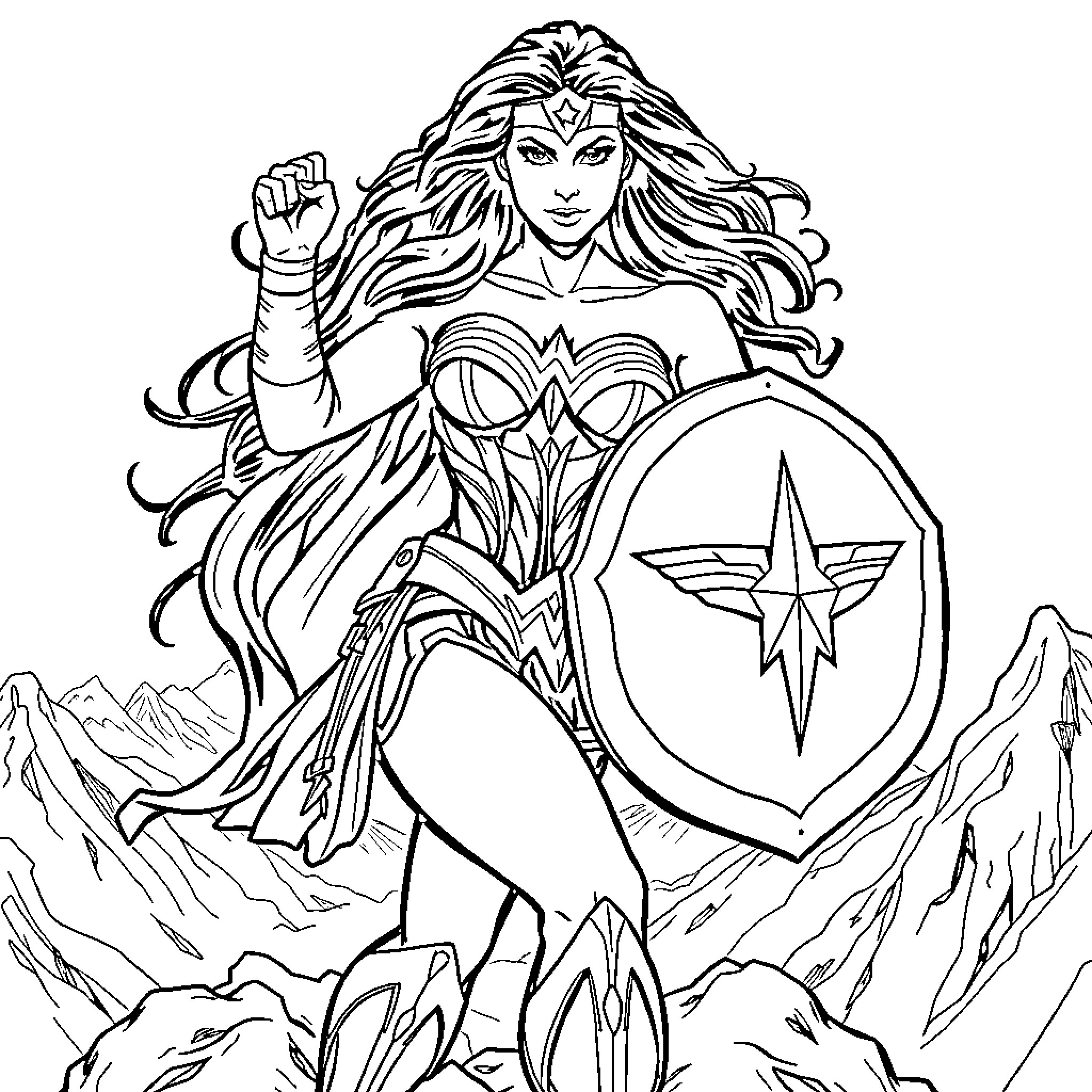 Wonder Woman Heroic Pose with Shield and Sword Coloring Page (free black-and-white line drawing printable PDF for all, from beginners to advanced learners, including children, teens, adults, and seniors)