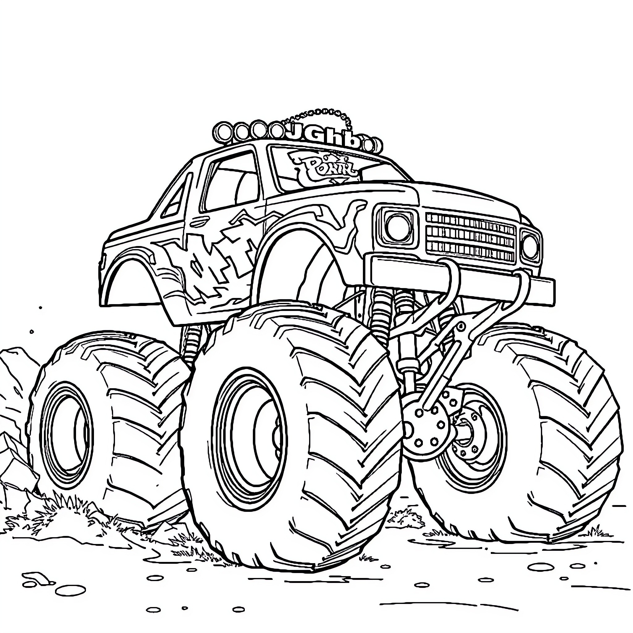 Monster Truck Crushing Through the Terrain Coloring Page (free black-and-white line drawing printable PDF for all, from beginners to advanced learners, including children, teens, adults, and seniors)