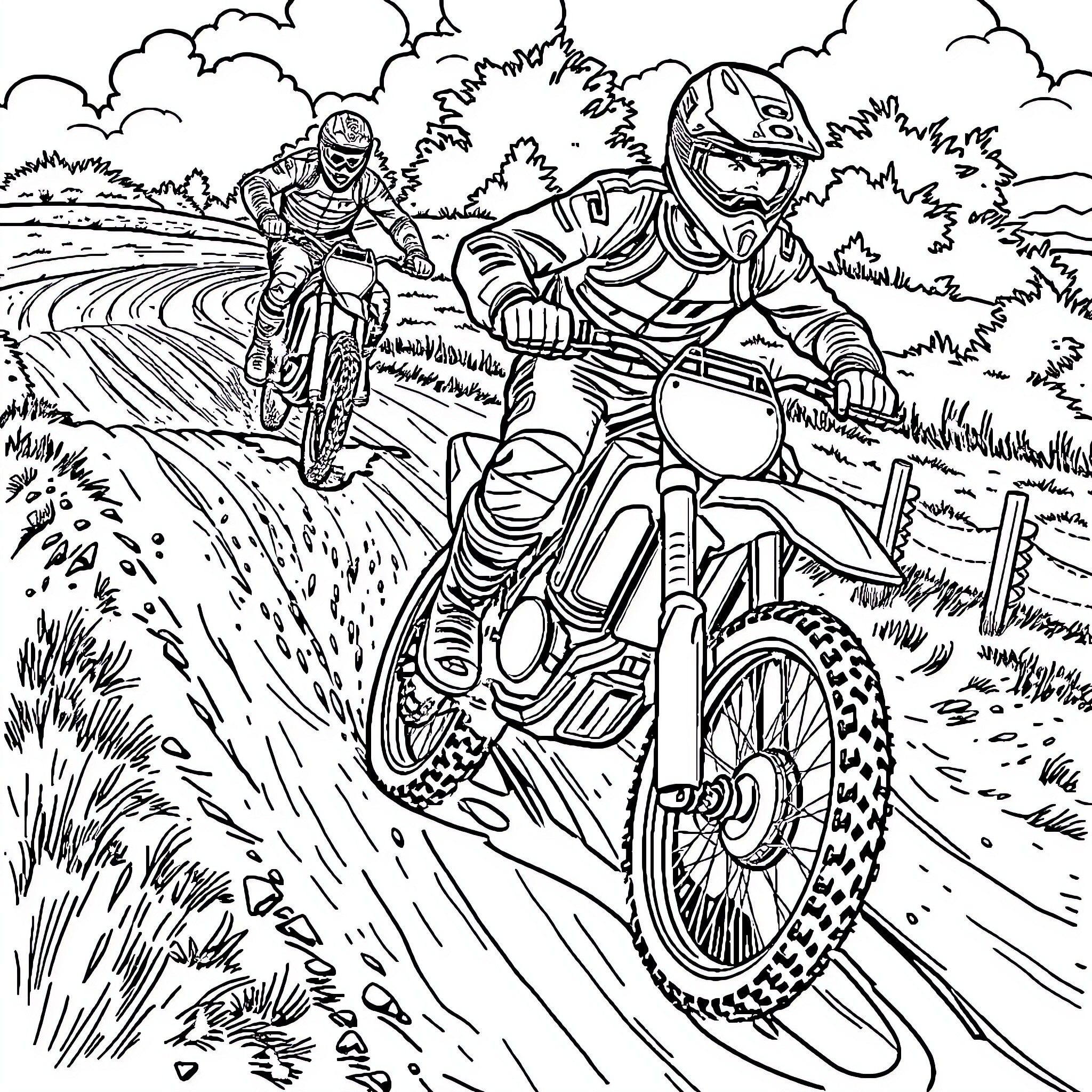 Dirt Bike Riders Navigating Rugged Terrain Coloring Page (free black-and-white line drawing printable PDF for all, from beginners to advanced learners, including children, teens, adults, and seniors)