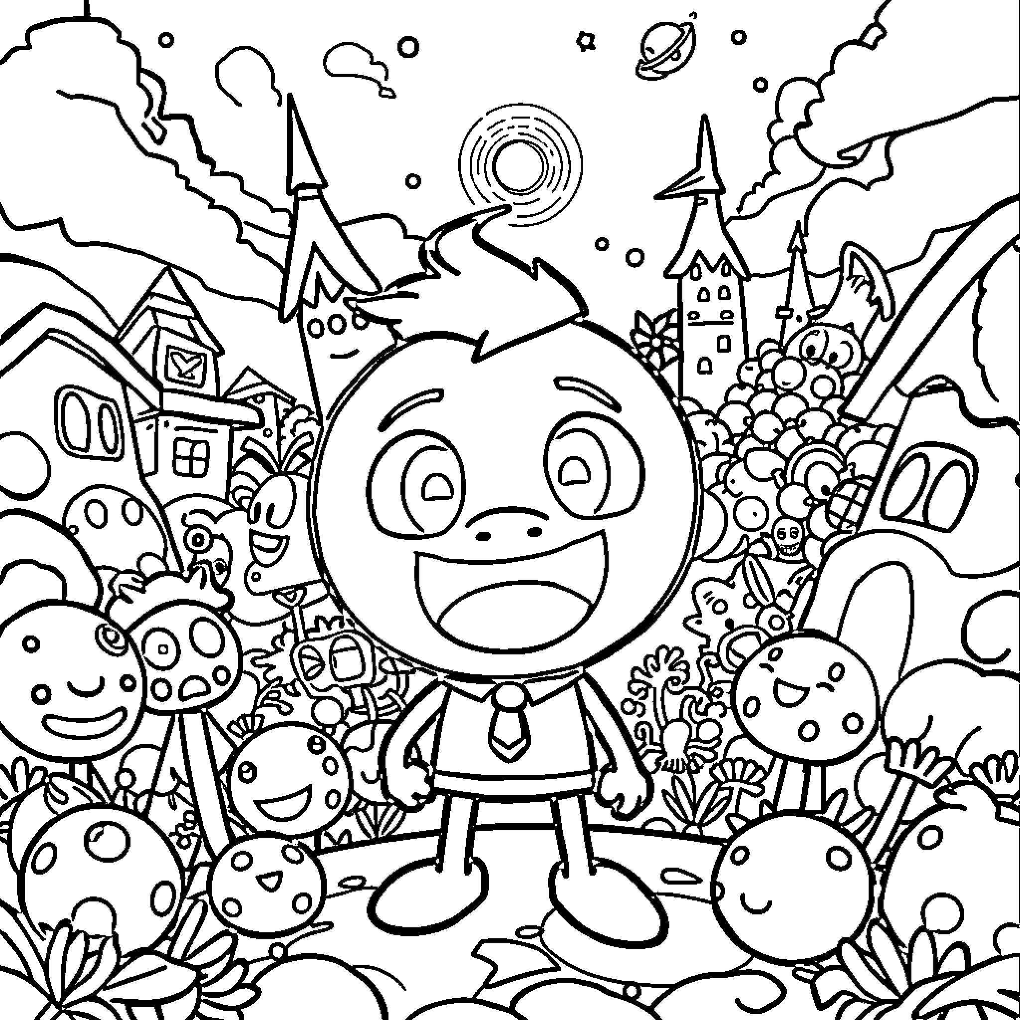 Gumball in a Whimsical Wonderland Coloring Page (free black-and-white line drawing printable PDF for all, from beginners to advanced learners, including children, teens, adults, and seniors)