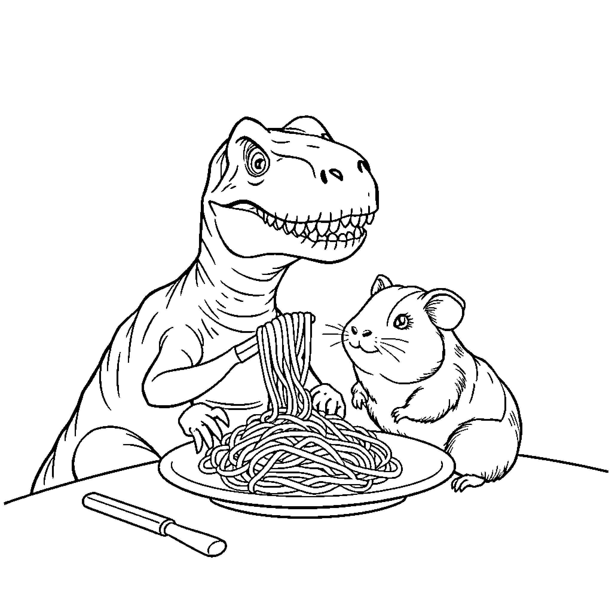 T-Rex sharing spaghetti dinner with hamster Coloring Page (free black-and-white line drawing printable PDF for all, from beginners to advanced learners, including children, teens, adults, and seniors)
