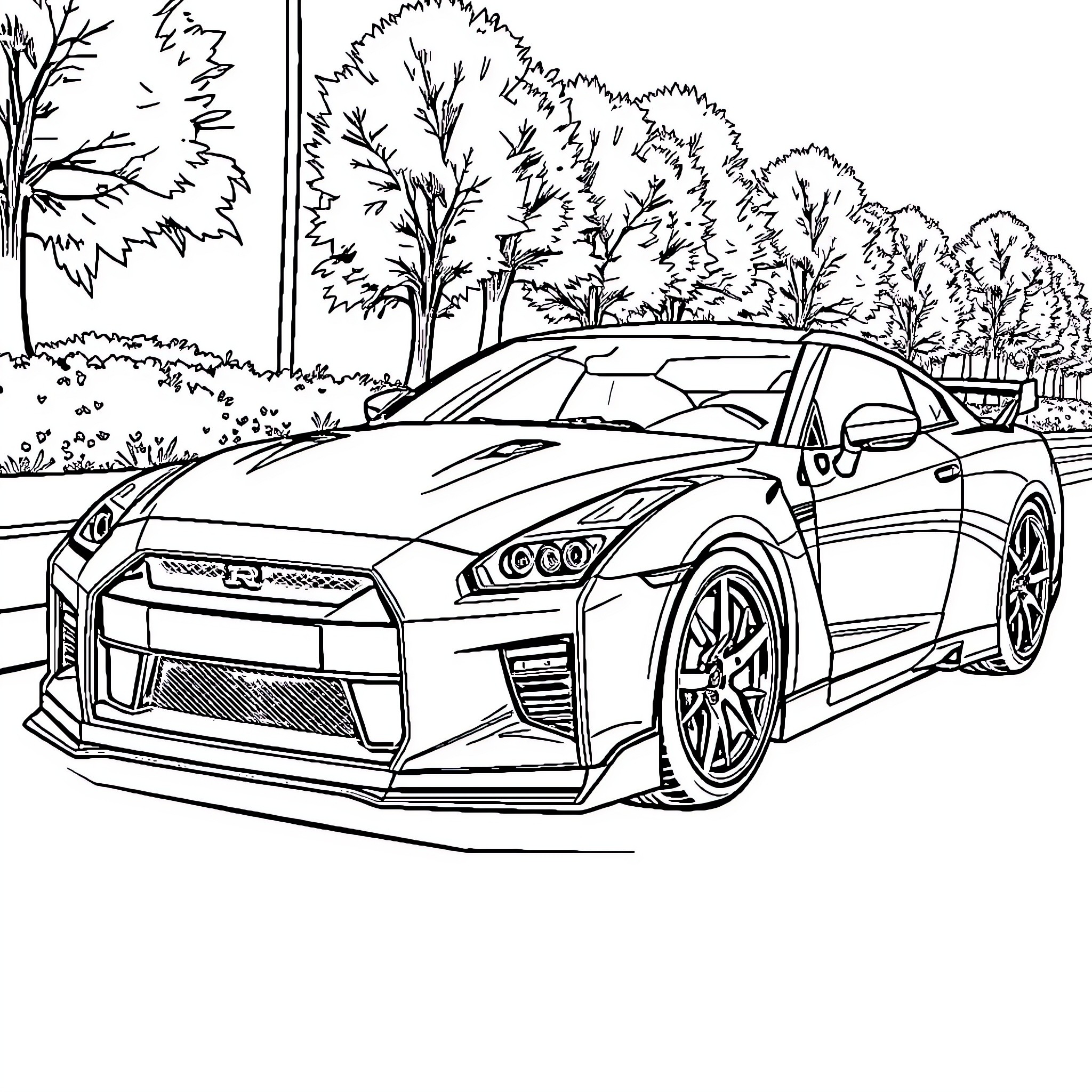 Guitar-inspired sports car in the forest Coloring Page (free black-and-white line drawing printable PDF for all, from beginners to advanced learners, including children, teens, adults, and seniors)