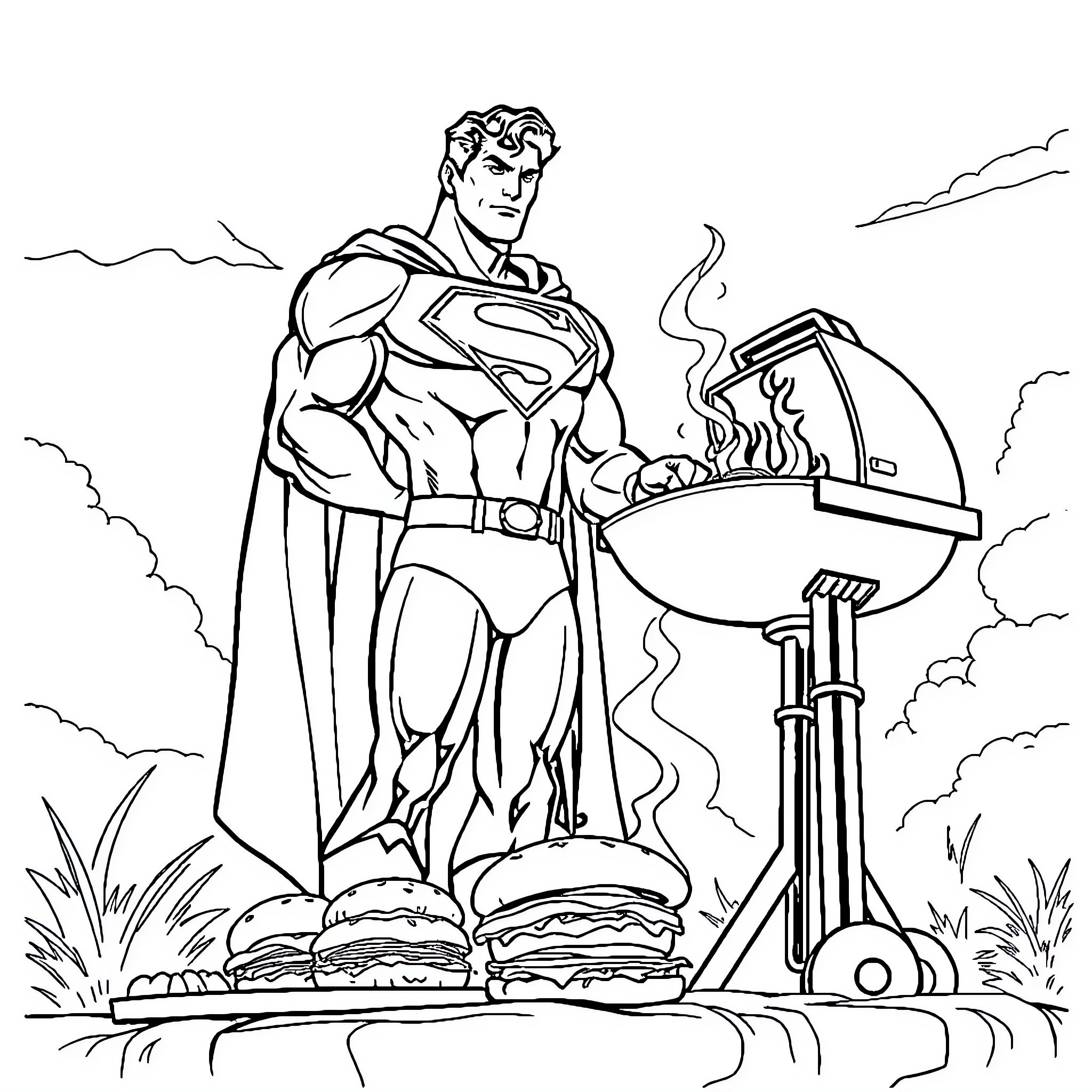 Superman grilling burgers in the park Coloring Page (free black-and-white line drawing printable PDF for all, from beginners to advanced learners, including children, teens, adults, and seniors)