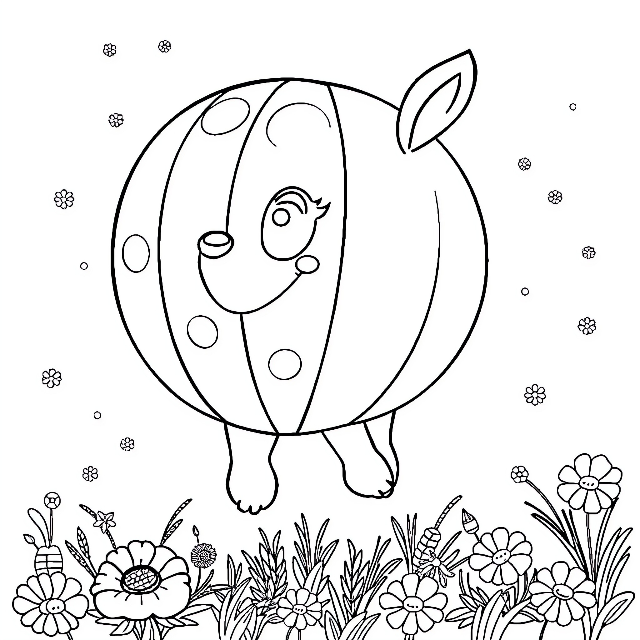 Ball-shaped creature in floral garden Coloring Page (free black-and-white line drawing printable PDF for all, from beginners to advanced learners, including children, teens, adults, and seniors)