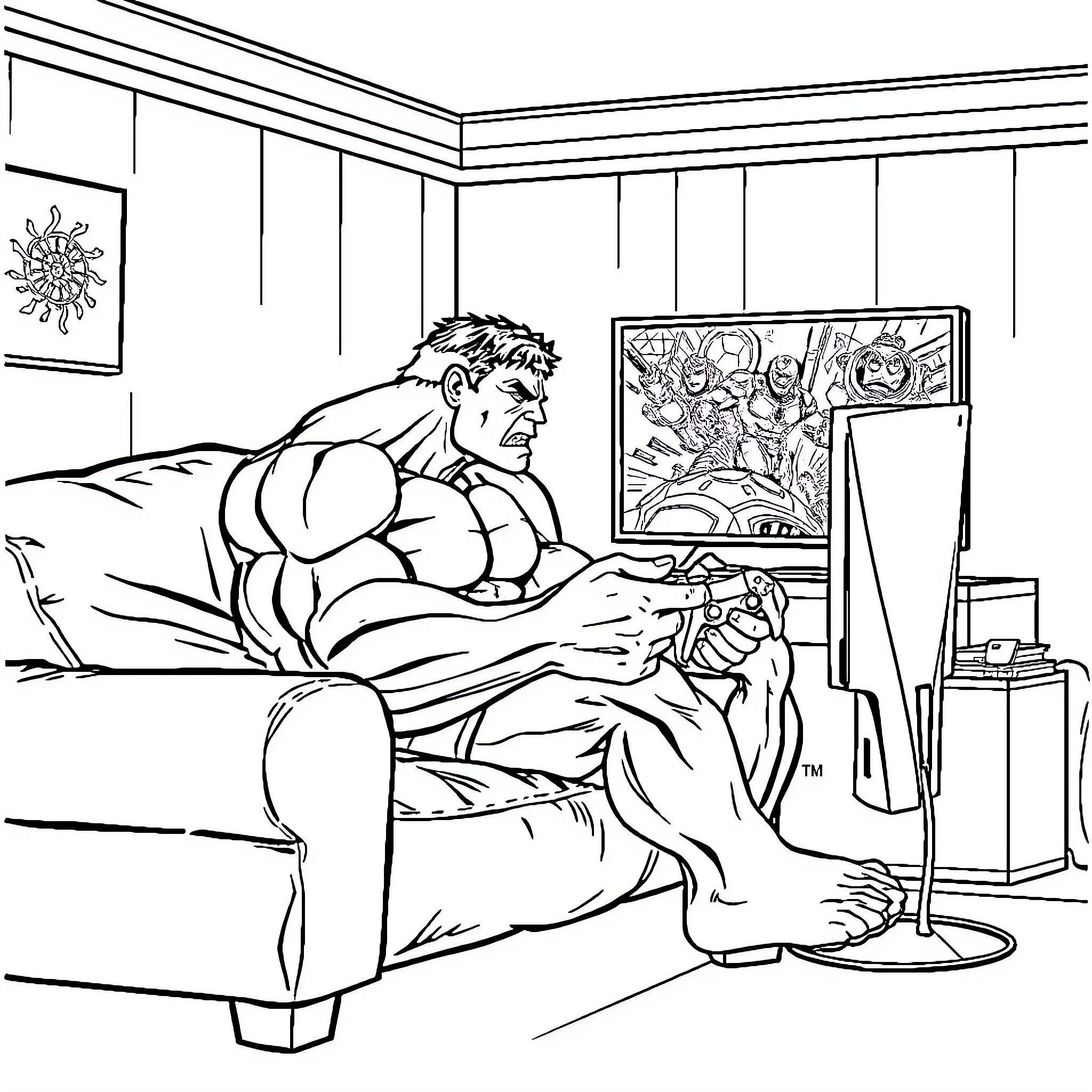 Hulk relaxing while watching TV in his room Coloring Page (free black-and-white line drawing printable PDF for all, from beginners to advanced learners, including children, teens, adults, and seniors)